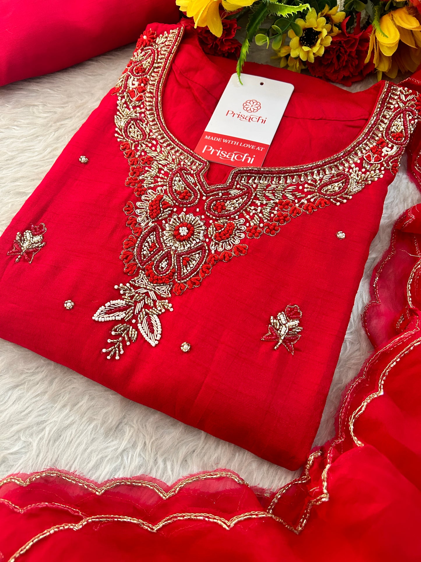 Red Zardozi Embroidered Ethnic A-Line kurta set with dupatta and Pants