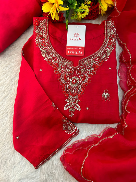 Red Zardozi Embroidered Ethnic A-Line kurta set with dupatta and Pants