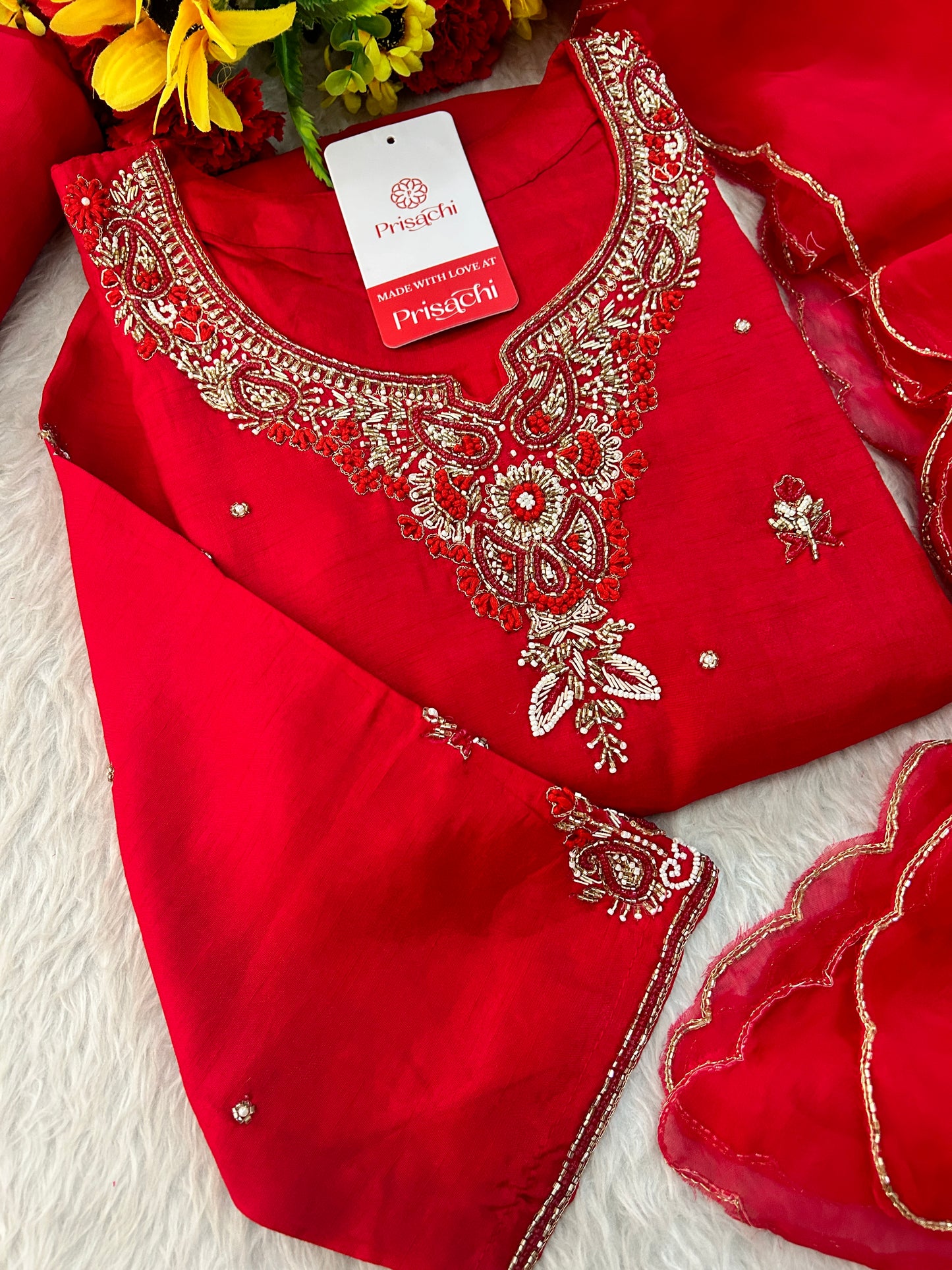 Red Zardozi Embroidered Ethnic A-Line kurta set with dupatta and Pants