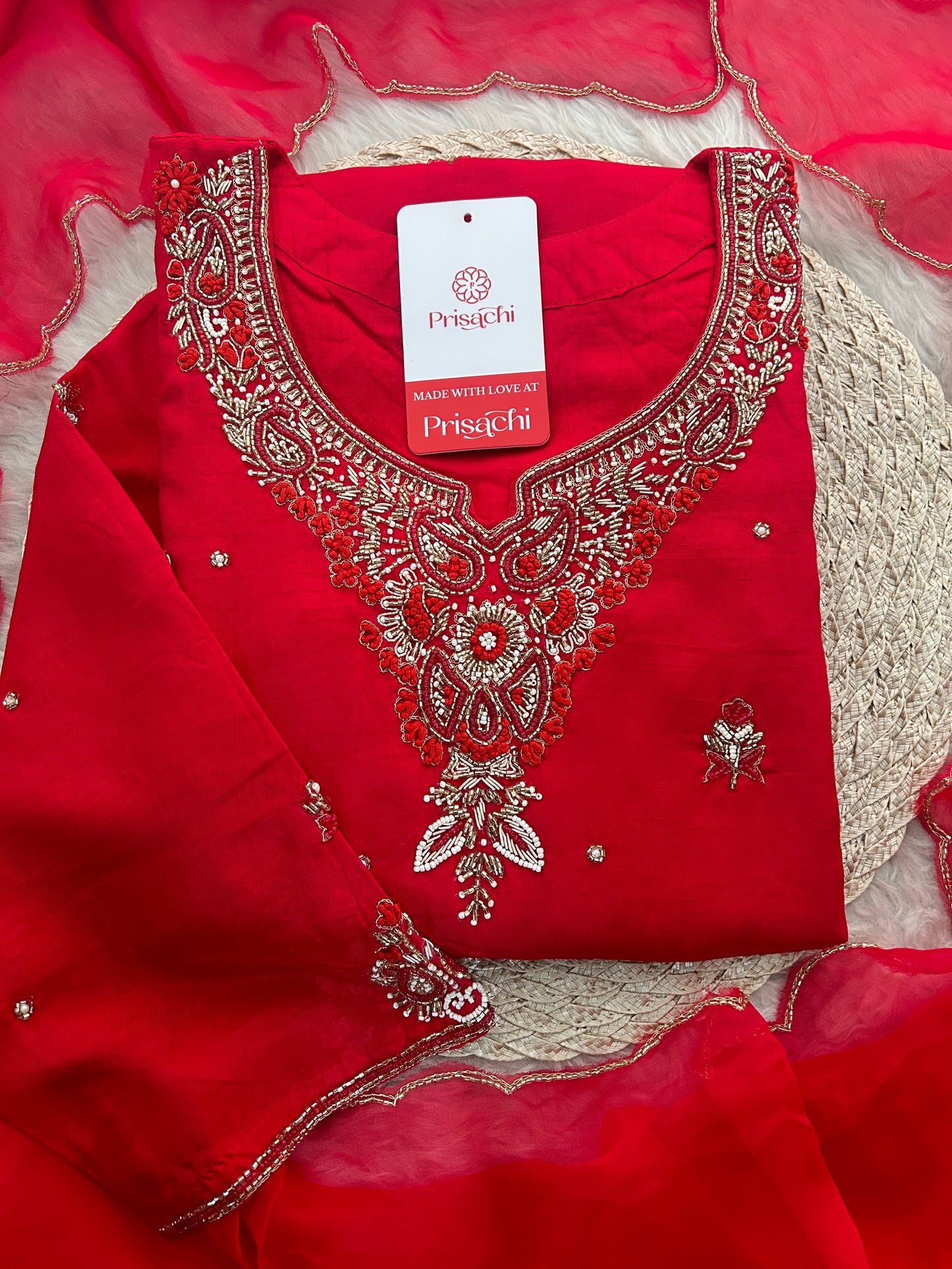Red Zardozi Embroidered Ethnic A-Line kurta set with dupatta and Pants