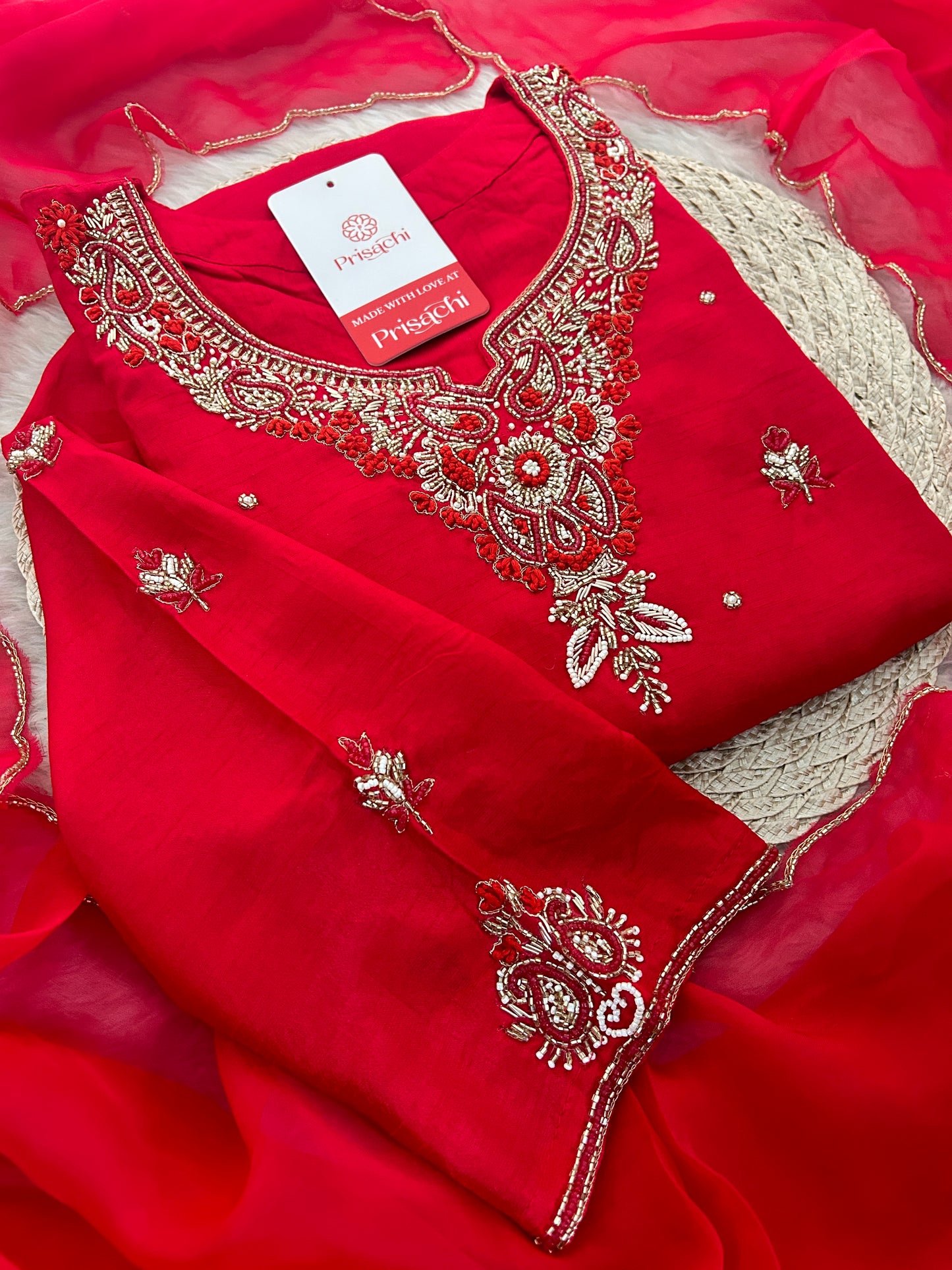 Red Zardozi Embroidered Ethnic A-Line kurta set with dupatta and Pants