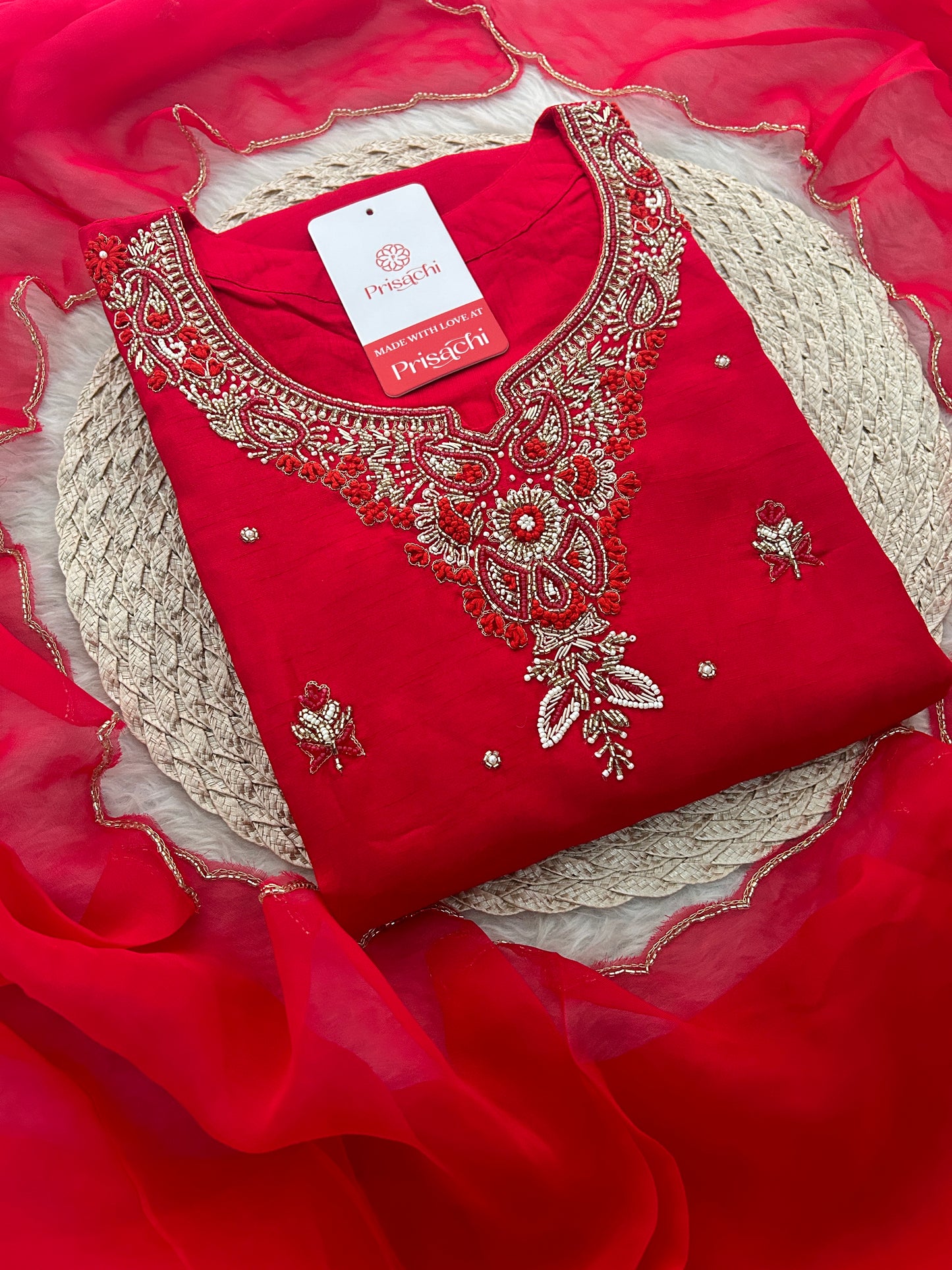 Red Zardozi Embroidered Ethnic A-Line kurta set with dupatta and Pants