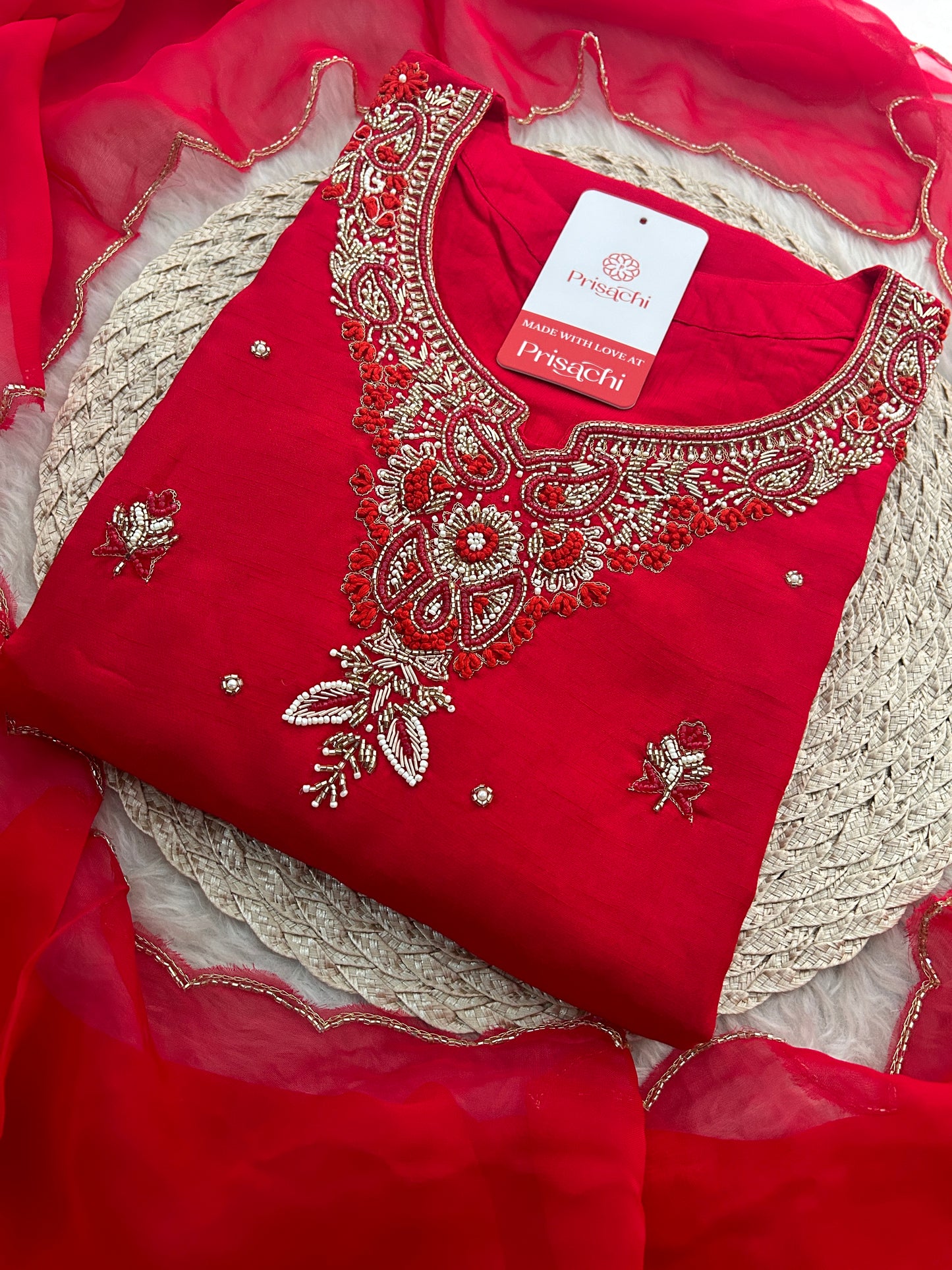 Red Zardozi Embroidered Ethnic A-Line kurta set with dupatta and Pants
