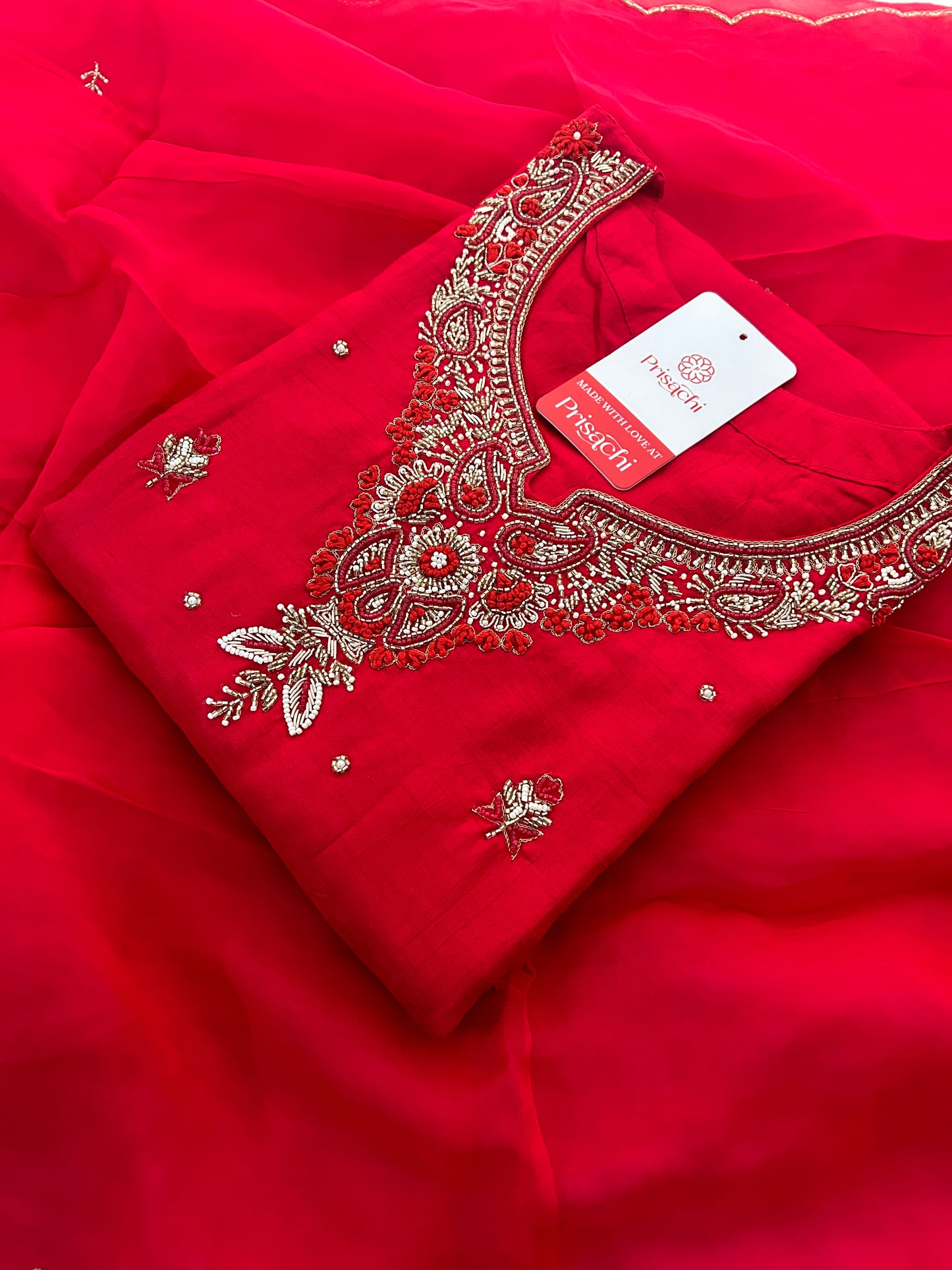 Red Zardozi Embroidered Ethnic A-Line kurta set with dupatta and Pants