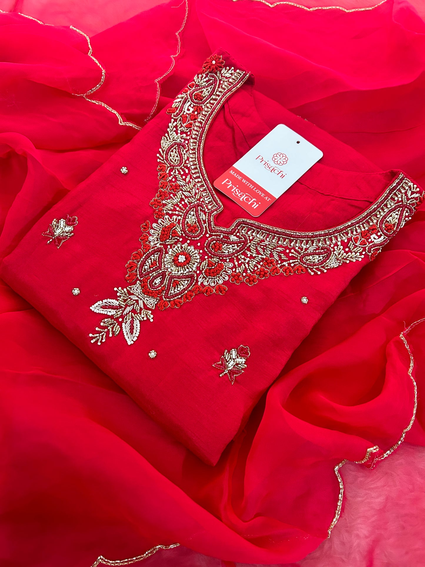 Red Zardozi Embroidered Ethnic A-Line kurta set with dupatta and Pants