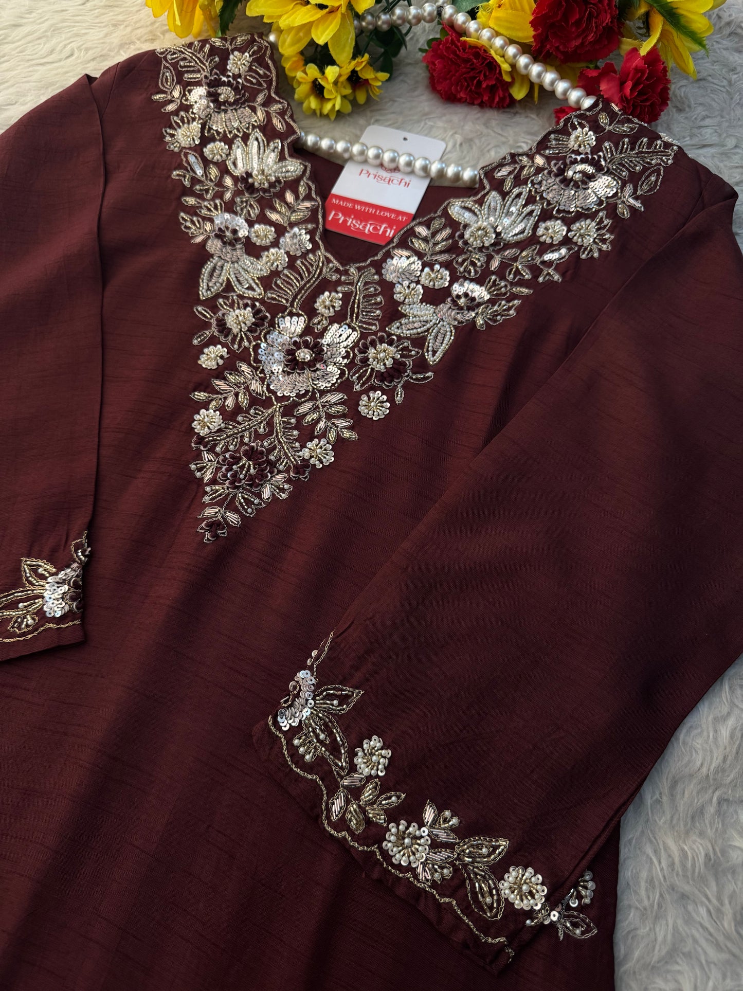 Brown Embroidered Ethnic Kurta Set With Pants & Dupatta| Wedding & Festive Wear