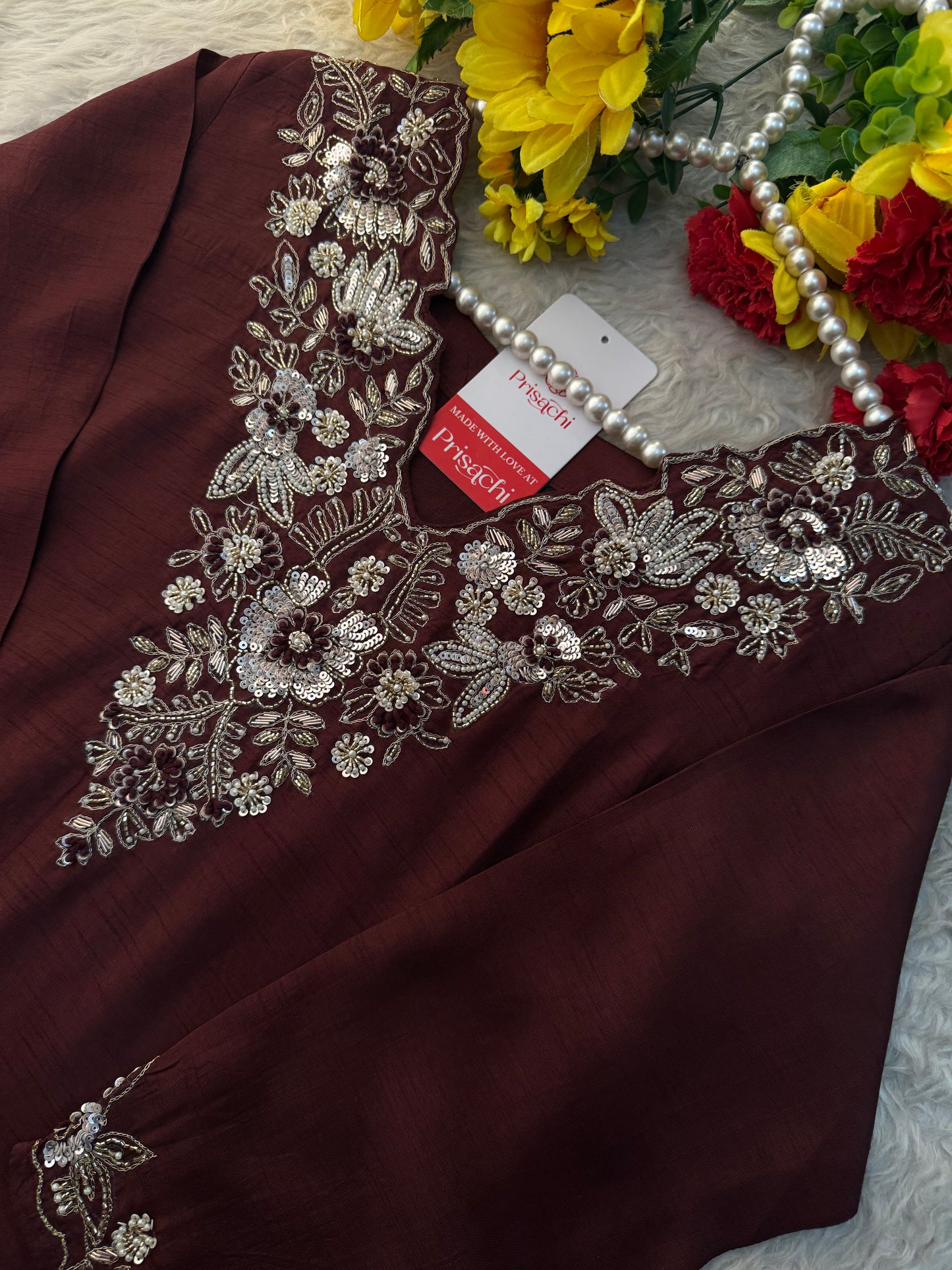 Brown Embroidered Ethnic Kurta Set With Pants & Dupatta| Wedding & Festive Wear