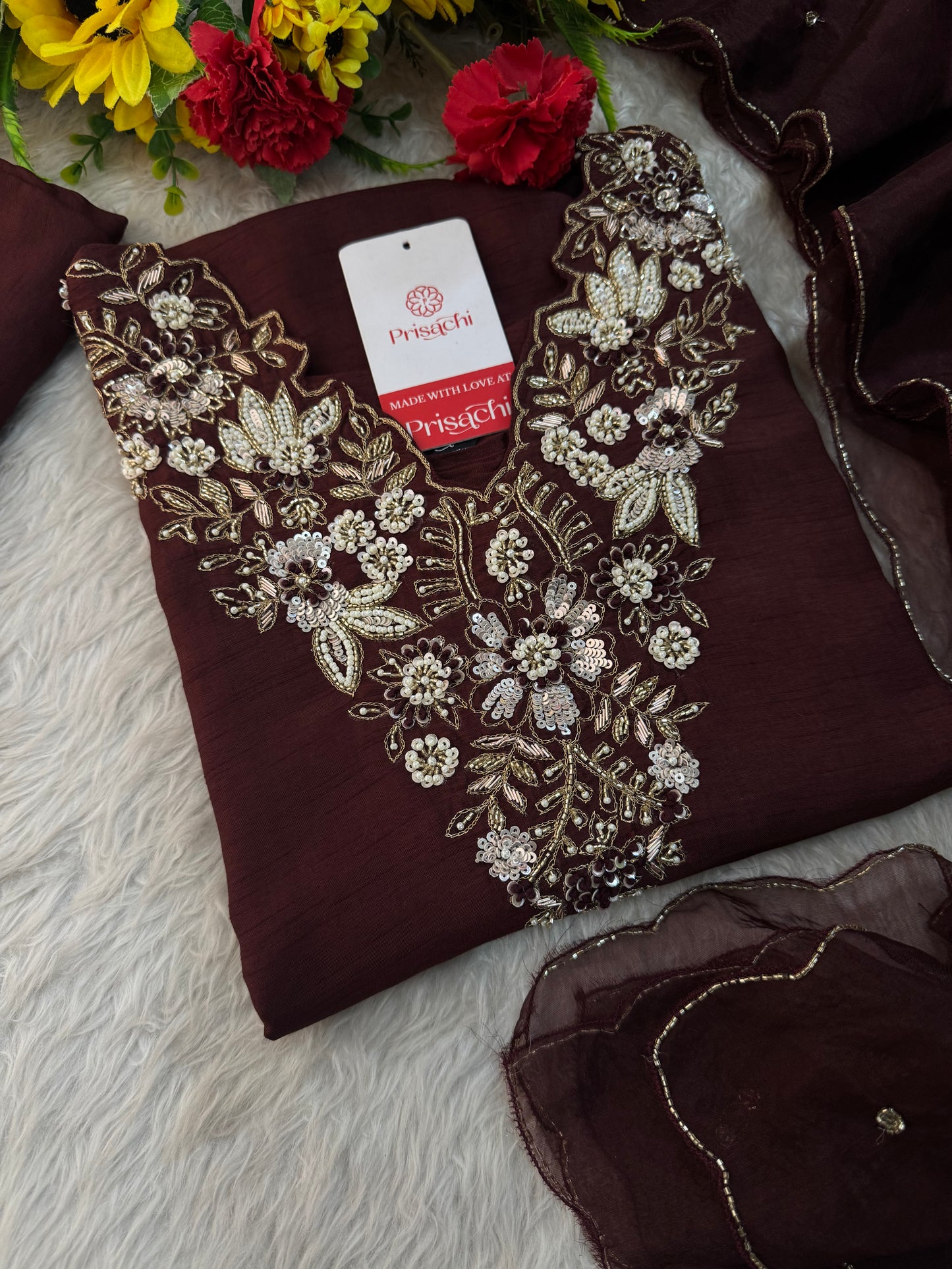 Brown Embroidered Ethnic Kurta Set With Pants & Dupatta| Wedding & Festive Wear