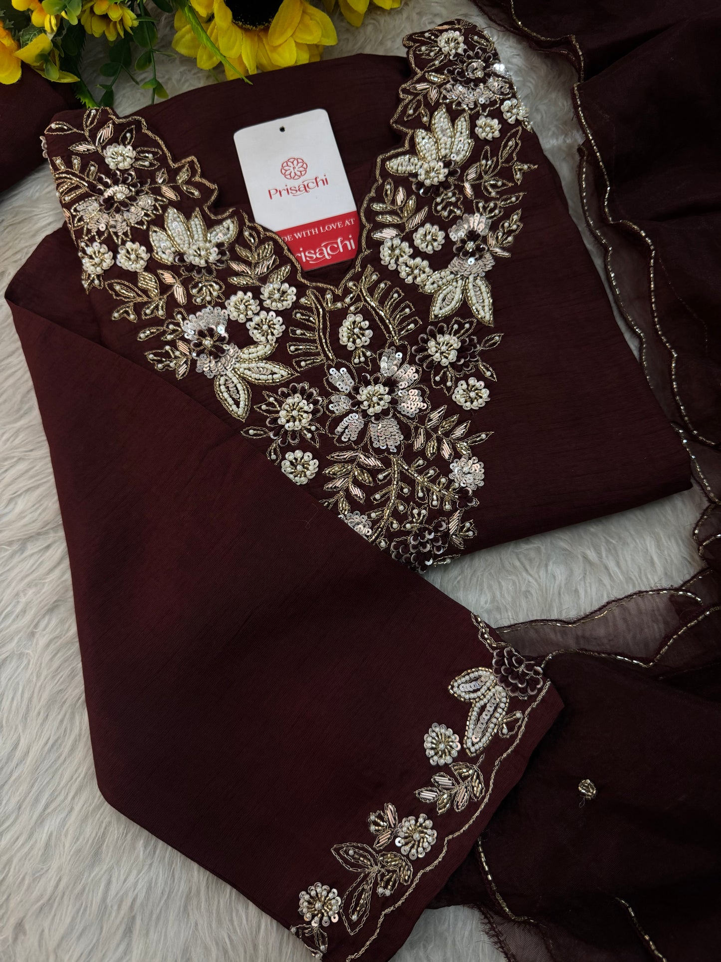 Brown Embroidered Ethnic Kurta Set With Pants & Dupatta| Wedding & Festive Wear