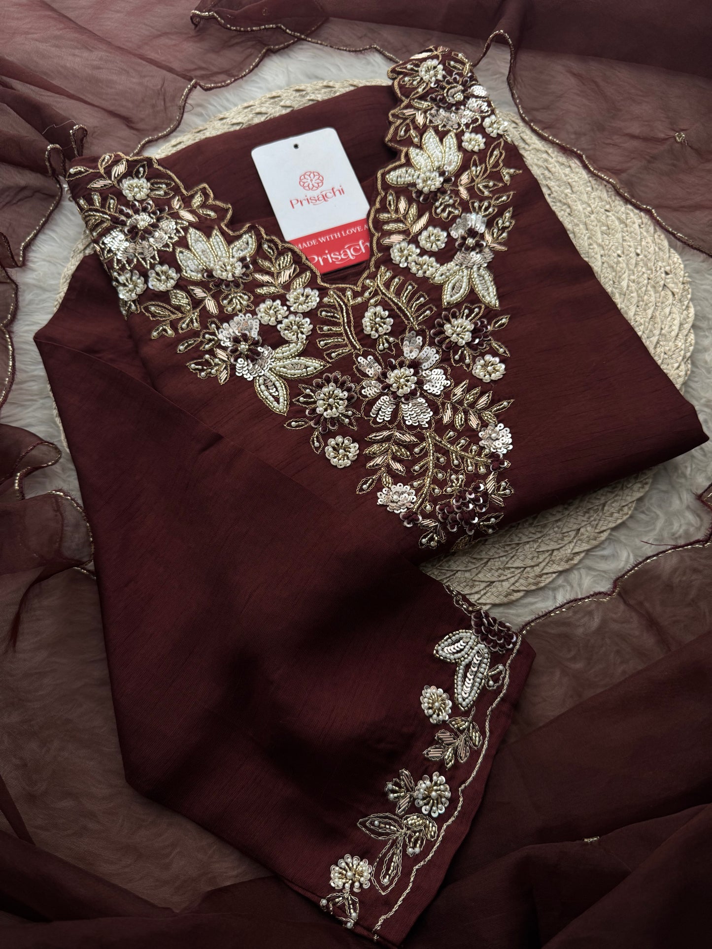 Brown Embroidered Ethnic Kurta Set With Pants & Dupatta| Wedding & Festive Wear