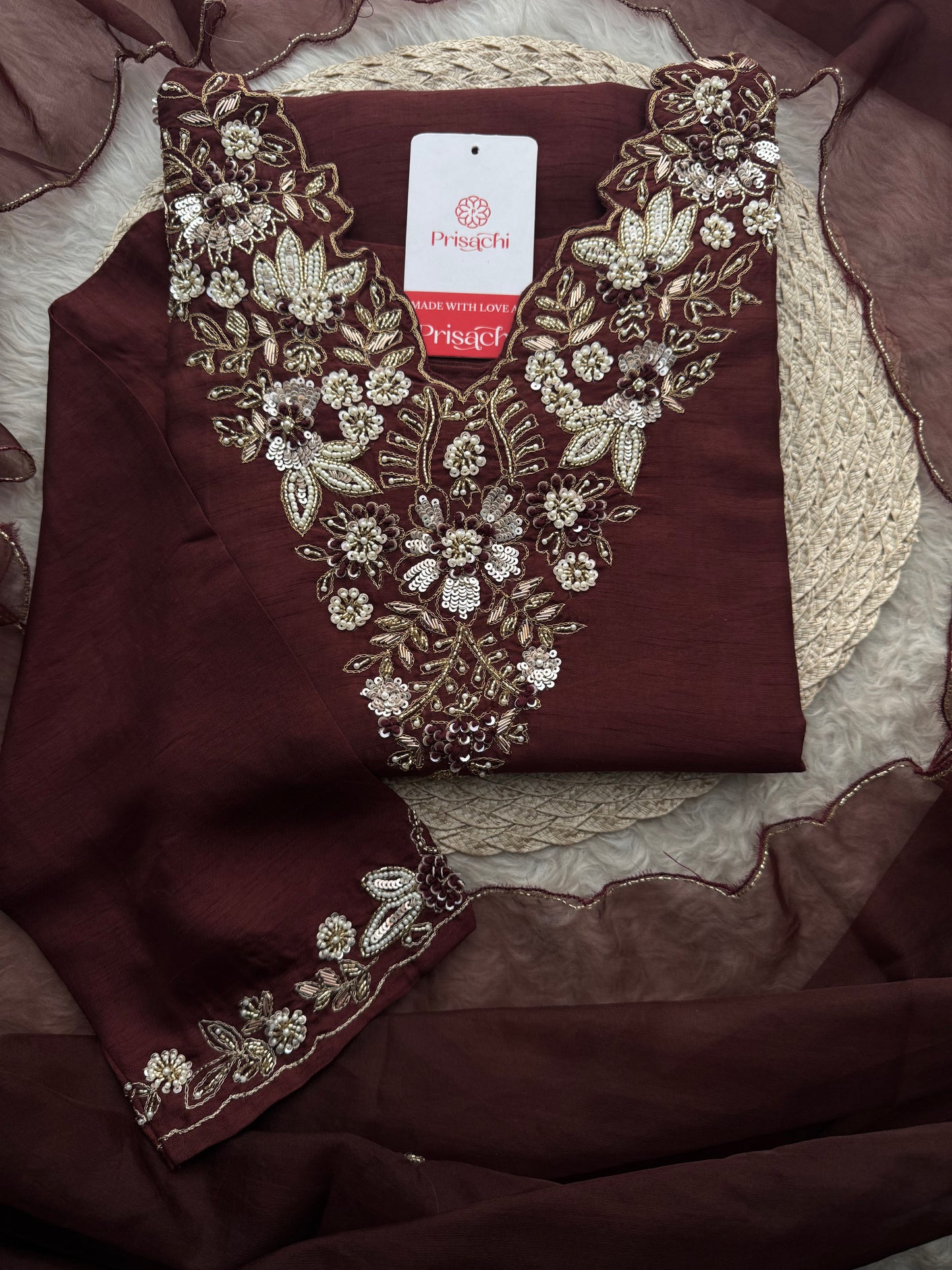 Brown Embroidered Ethnic Kurta Set With Pants & Dupatta| Wedding & Festive Wear