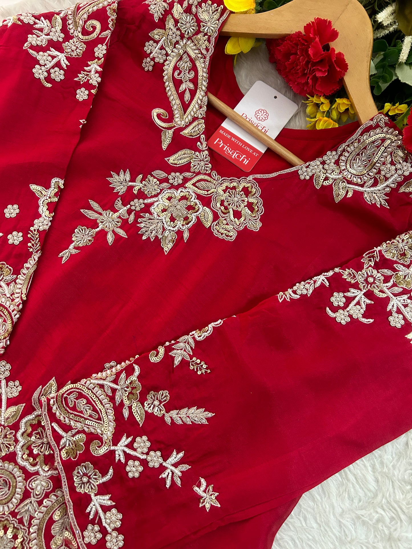 Red Zardozi Embroidered Kurta Set for Women with Pants & Dupatta | Traditional Ethnic Suit