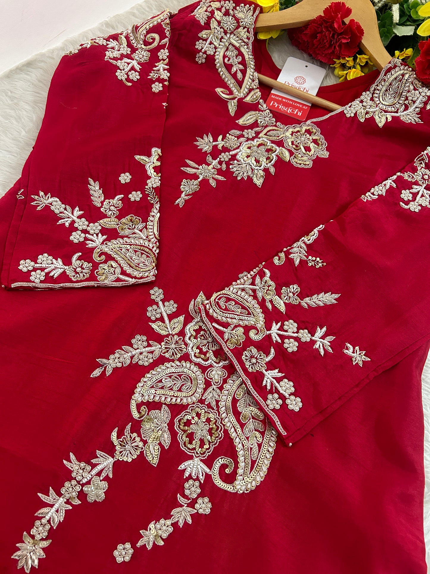 Red Zardozi Embroidered Kurta Set for Women with Pants & Dupatta | Traditional Ethnic Suit