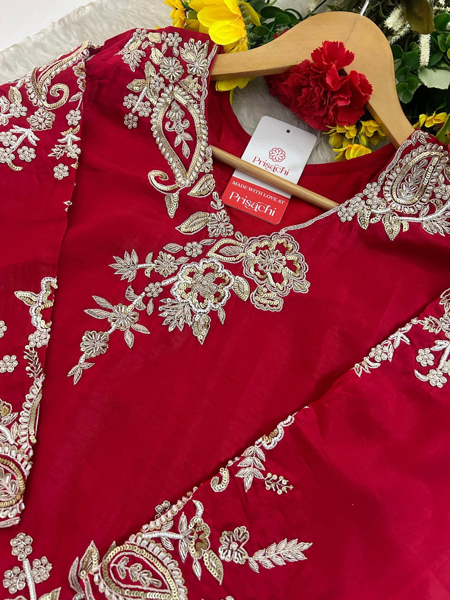 Red Zardozi Embroidered Kurta Set for Women with Pants & Dupatta | Traditional Ethnic Suit