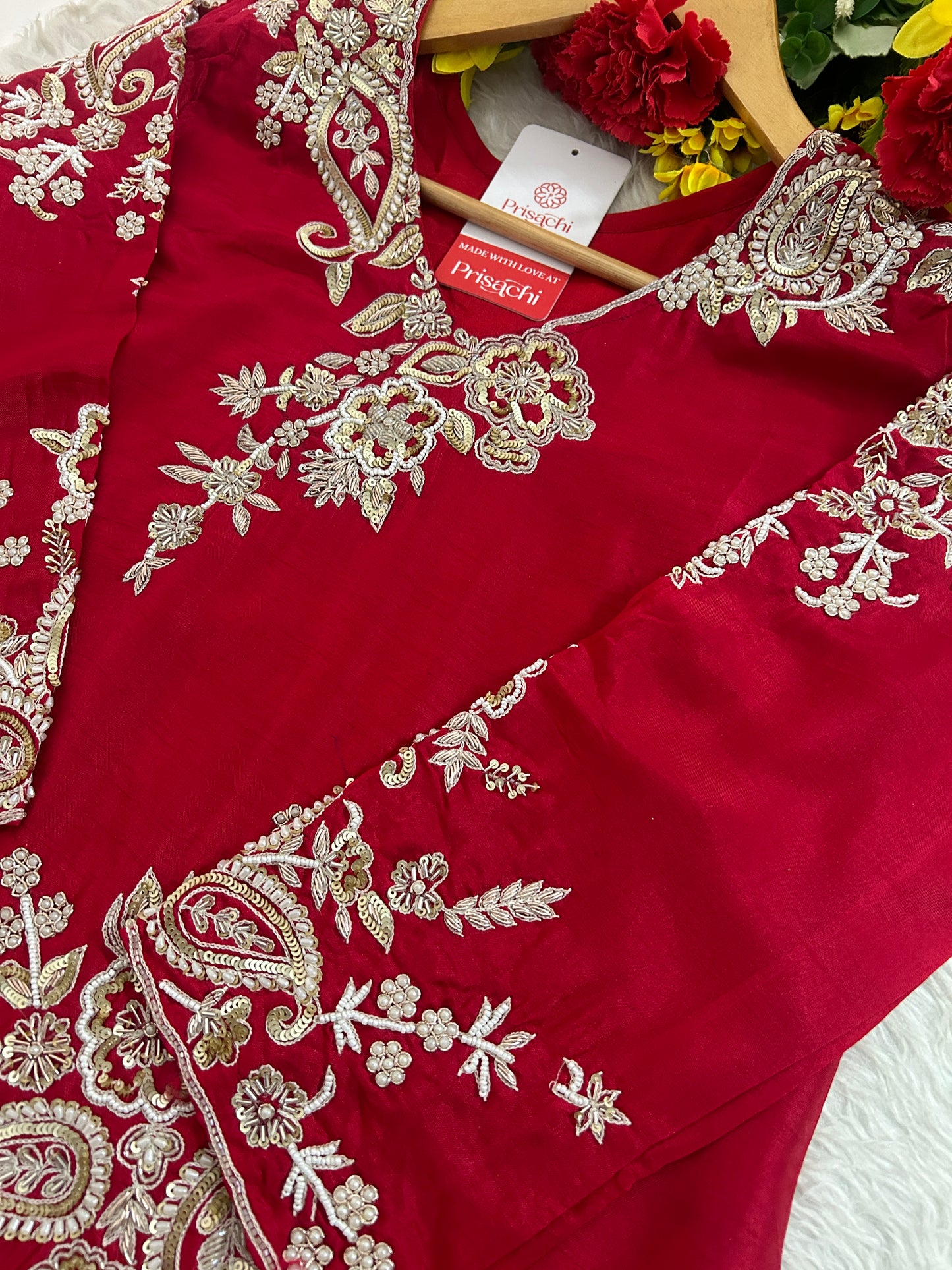 Red Zardozi Embroidered Kurta Set for Women with Pants & Dupatta | Traditional Ethnic Suit
