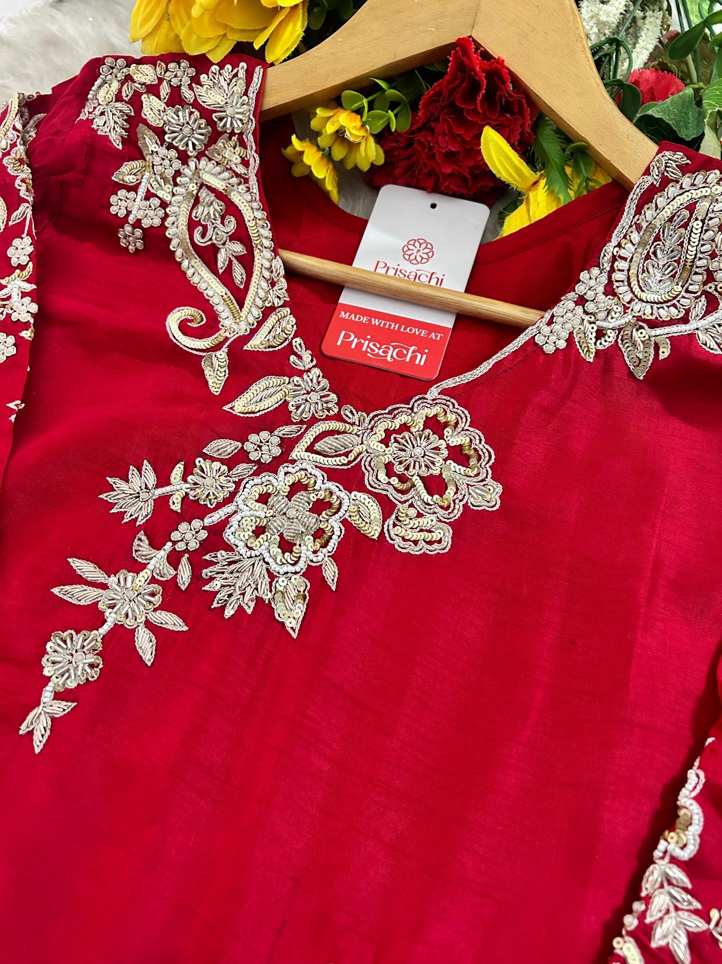 Red Zardozi Embroidered Kurta Set for Women with Pants & Dupatta | Traditional Ethnic Suit