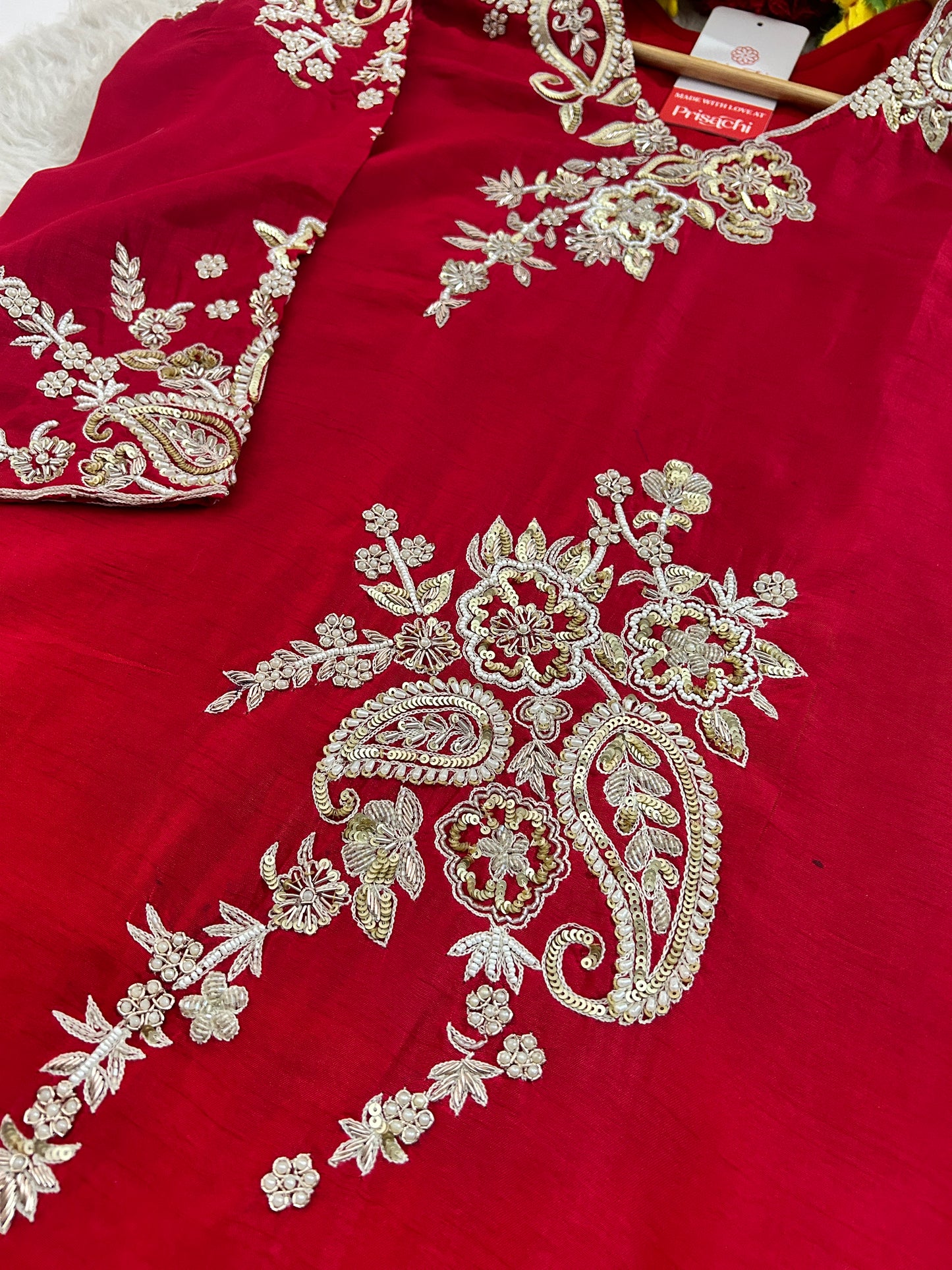 Red Zardozi Embroidered Kurta Set for Women with Pants & Dupatta | Traditional Ethnic Suit