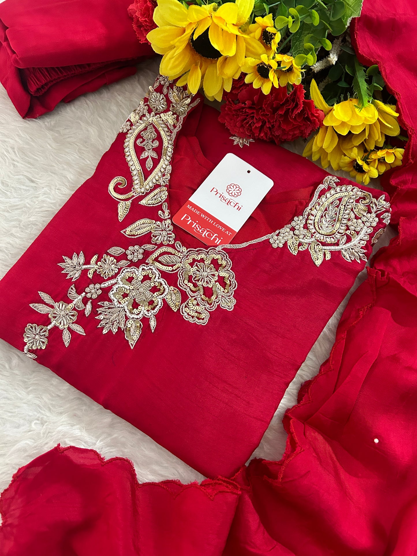 Red Zardozi Embroidered Kurta Set for Women with Pants & Dupatta | Traditional Ethnic Suit