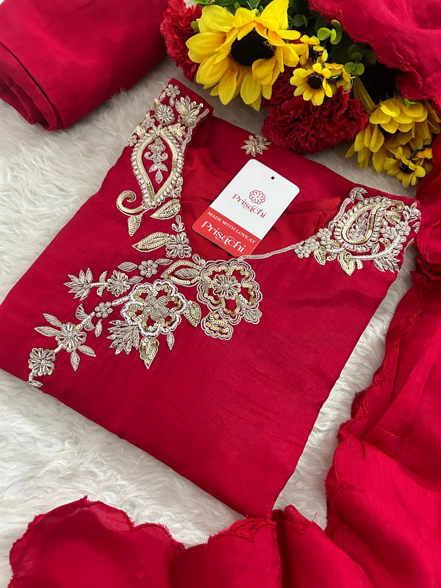 Red Zardozi Embroidered Kurta Set for Women with Pants & Dupatta | Traditional Ethnic Suit