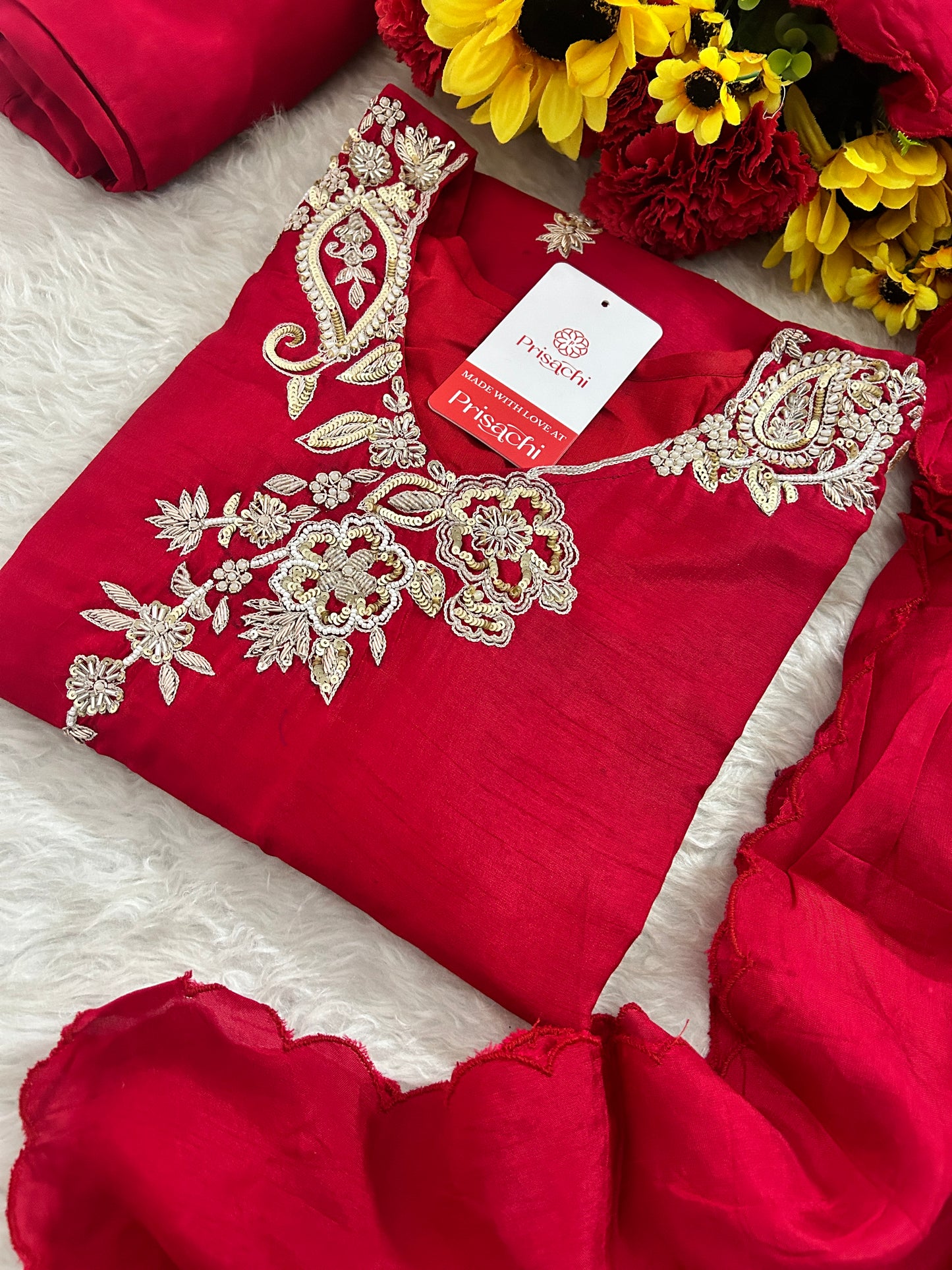 Red Zardozi Embroidered Kurta Set for Women with Pants & Dupatta | Traditional Ethnic Suit