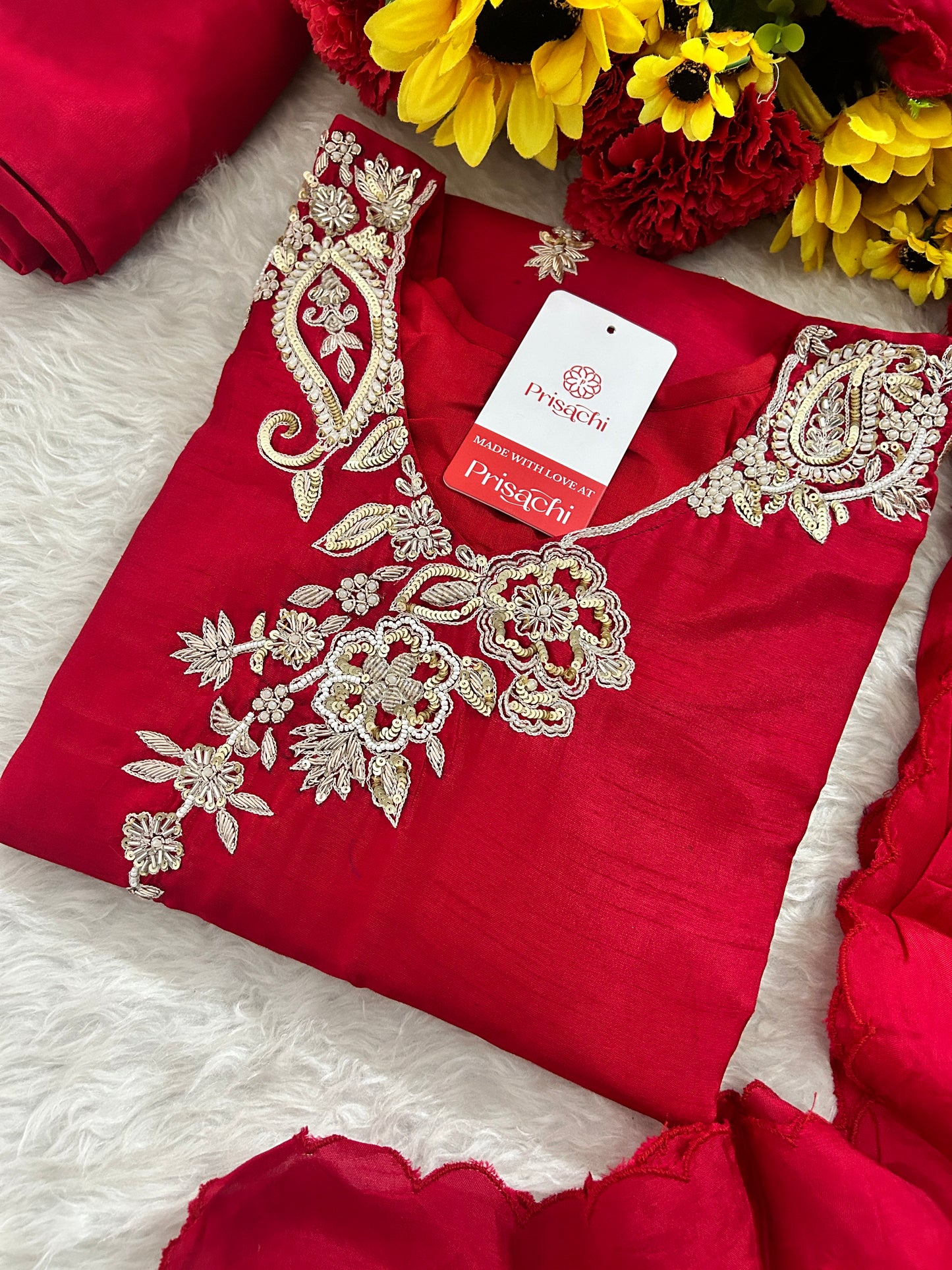 Red Zardozi Embroidered Kurta Set for Women with Pants & Dupatta | Traditional Ethnic Suit