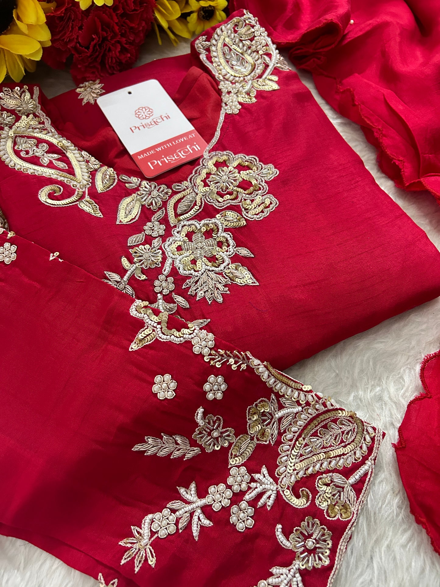 Red Zardozi Embroidered Kurta Set for Women with Pants & Dupatta | Traditional Ethnic Suit