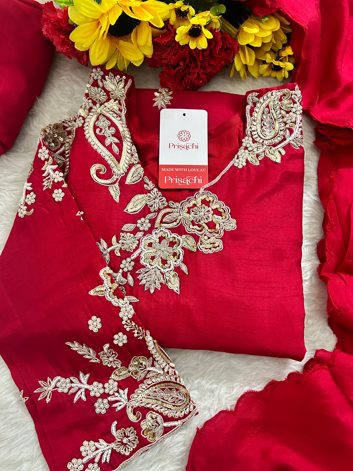 Red Zardozi Embroidered Kurta Set for Women with Pants & Dupatta | Traditional Ethnic Suit