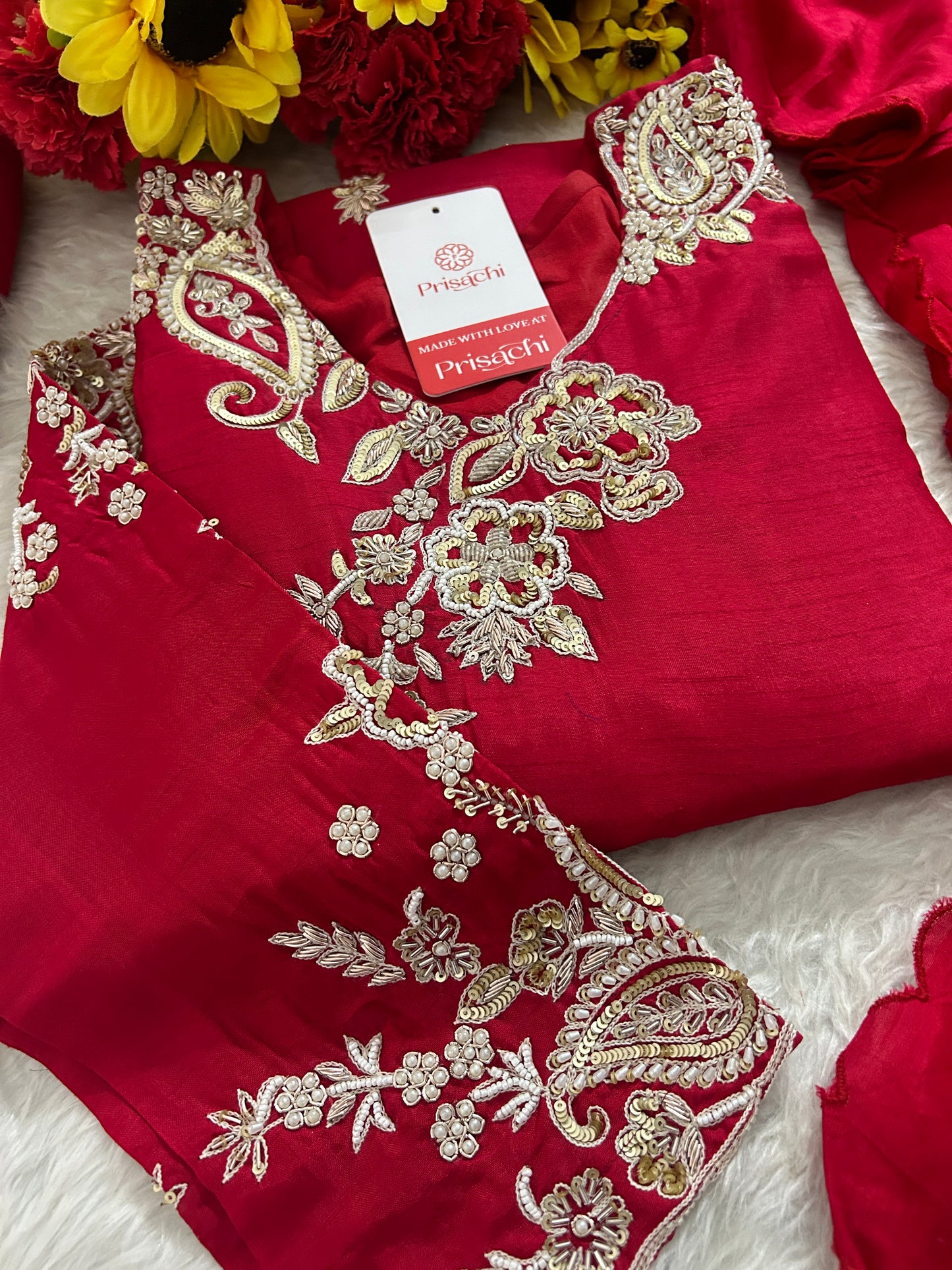 Red Zardozi Embroidered Kurta Set for Women with Pants & Dupatta | Traditional Ethnic Suit