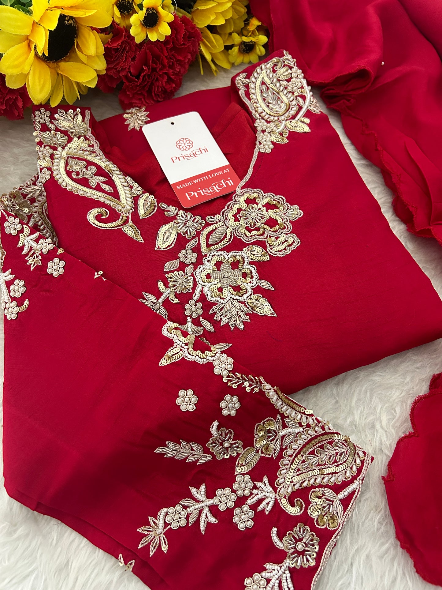 Red Zardozi Embroidered Kurta Set for Women with Pants & Dupatta | Traditional Ethnic Suit