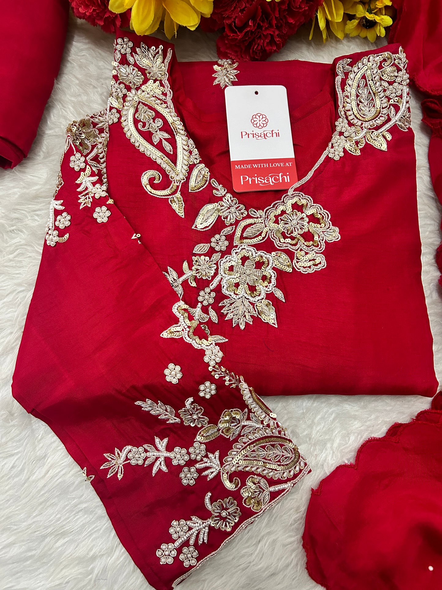 Red Zardozi Embroidered Kurta Set for Women with Pants & Dupatta | Traditional Ethnic Suit