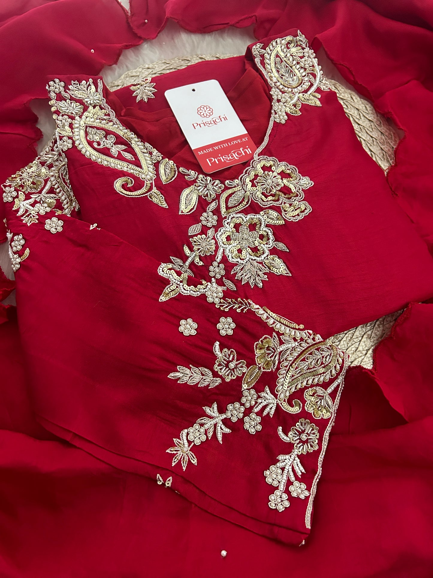 Red Zardozi Embroidered Kurta Set for Women with Pants & Dupatta | Traditional Ethnic Suit