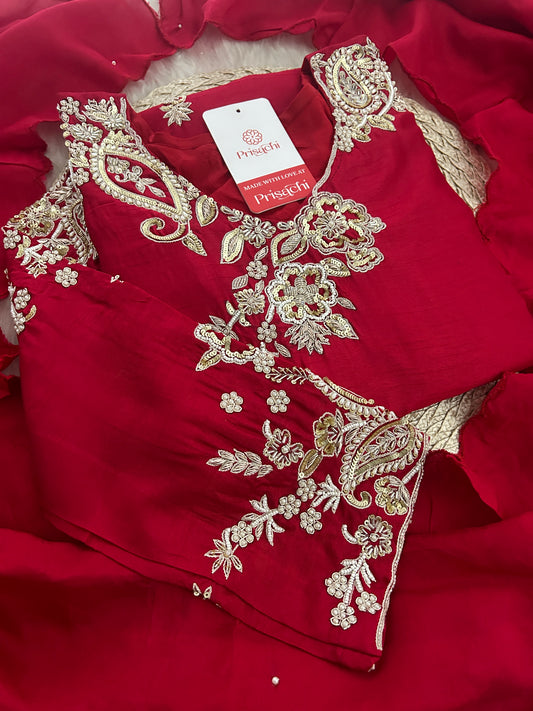 Red Zardozi Embroidered Kurta Set for Women with Pants & Dupatta | Traditional Ethnic Suit - Prisachi Official