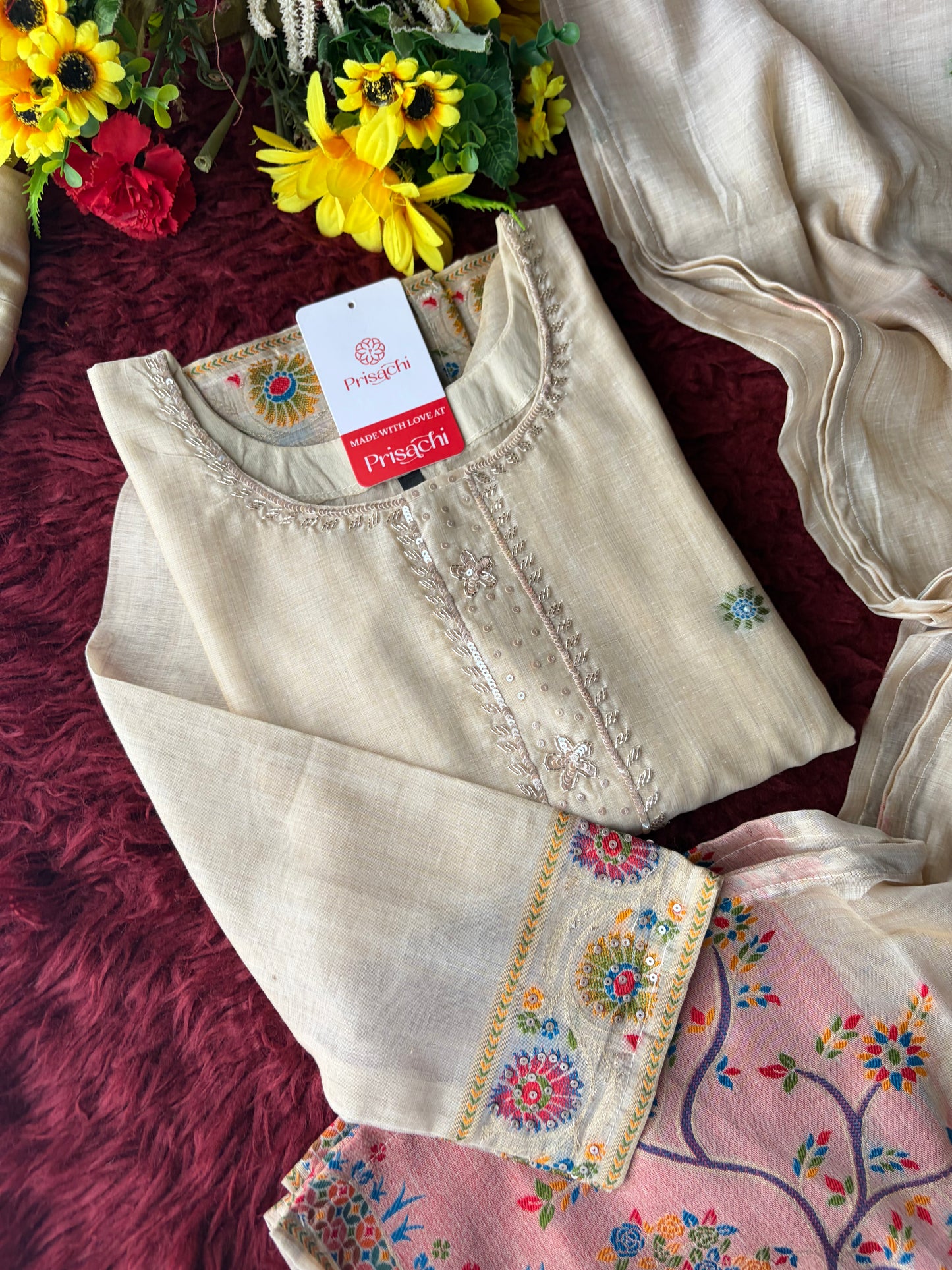 Off White Ethnic embroidered kurta set with dupatta