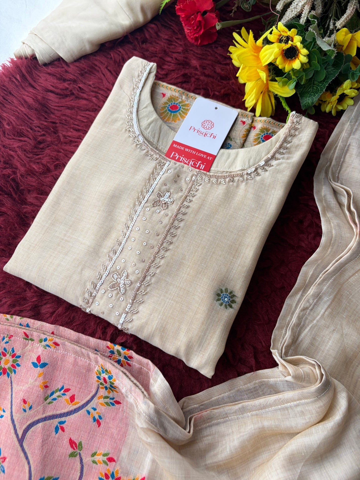 Off White Ethnic embroidered kurta set with dupatta