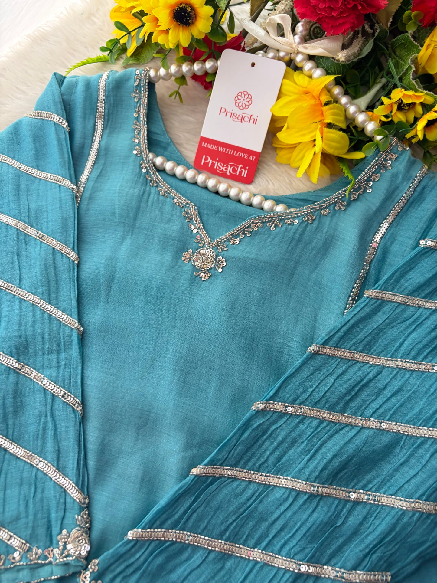 Sky Blue A-Line Embroidered Ethnic Kurta Set for Women with Pants & Dupatta