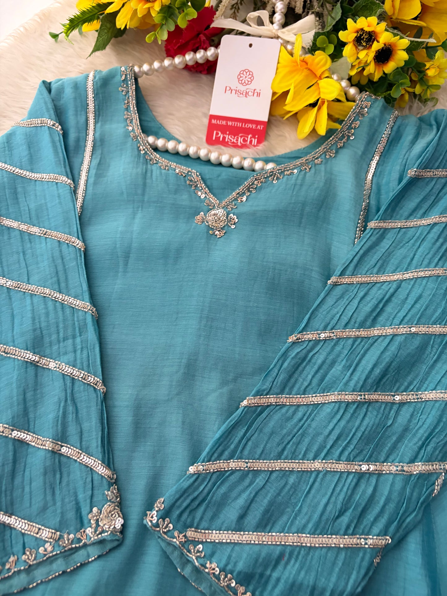 Sky Blue A-Line Embroidered Ethnic Kurta Set for Women with Pants & Dupatta