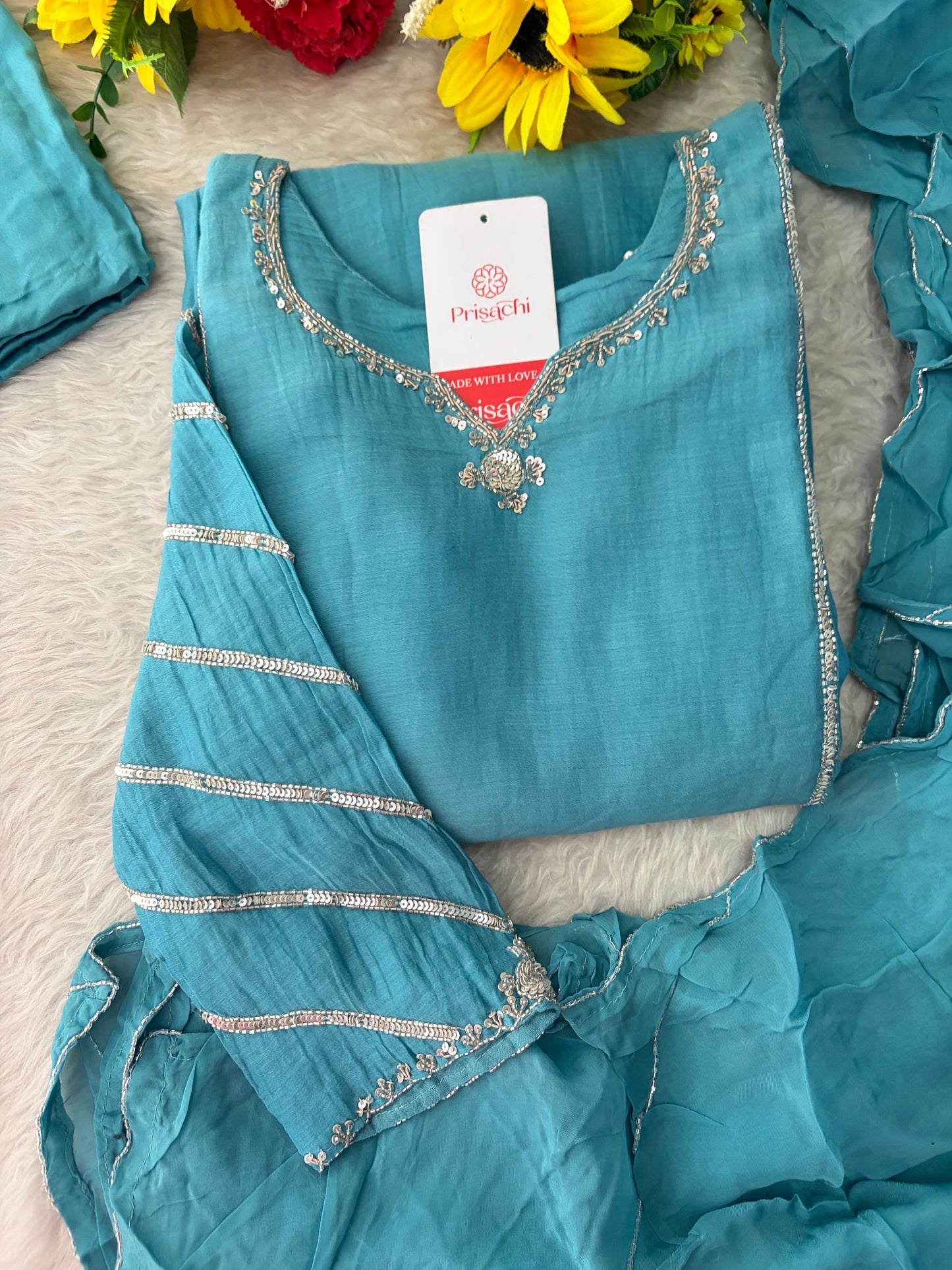Sky Blue A-Line Embroidered Ethnic Kurta Set for Women with Pants & Dupatta
