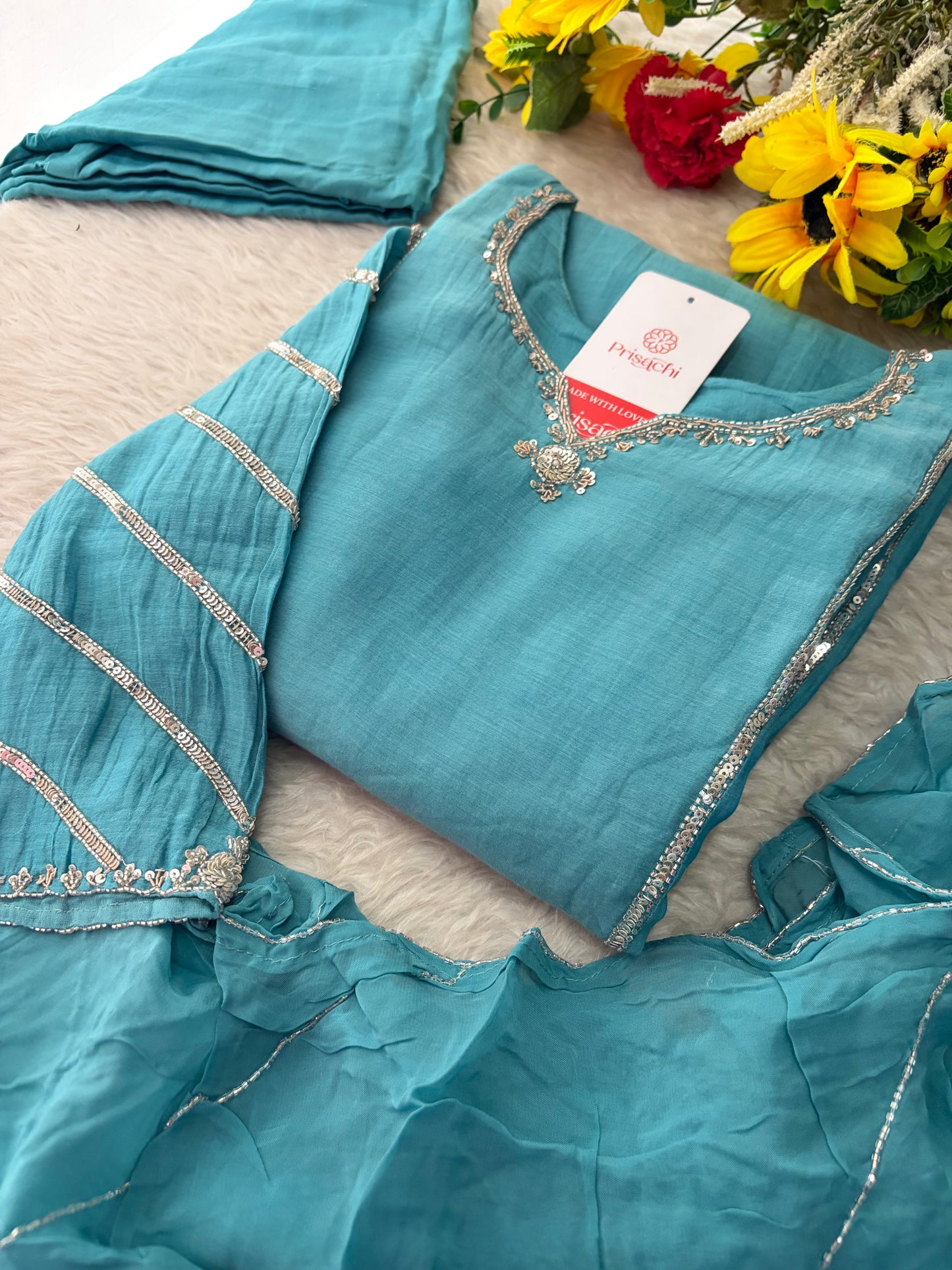 Sky Blue A-Line Embroidered Ethnic Kurta Set for Women with Pants & Dupatta
