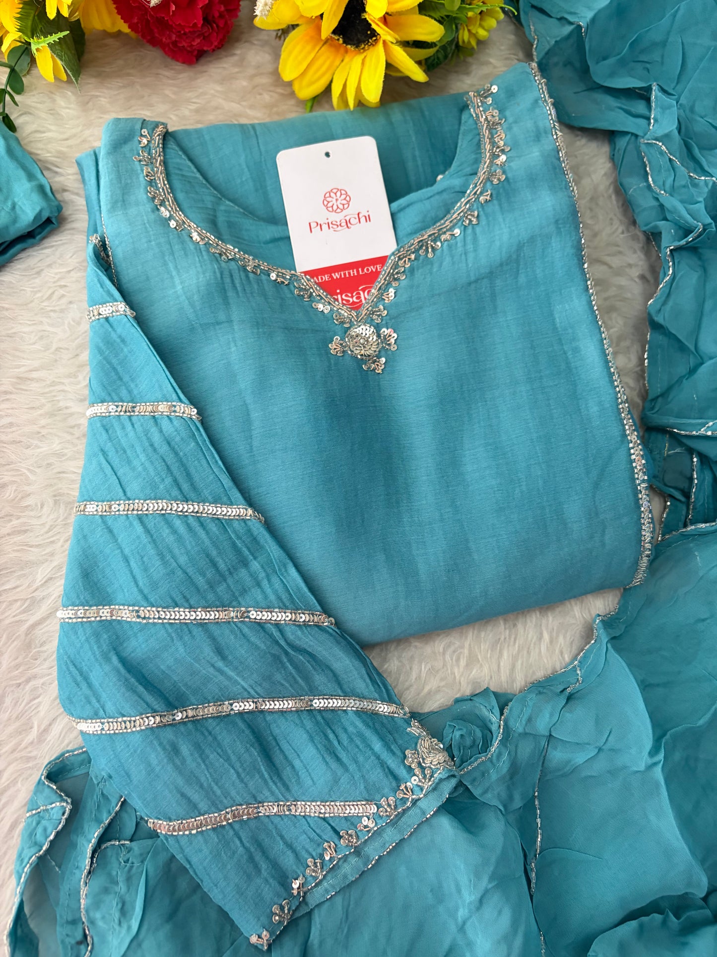 Sky Blue A-Line Embroidered Ethnic Kurta Set for Women with Pants & Dupatta