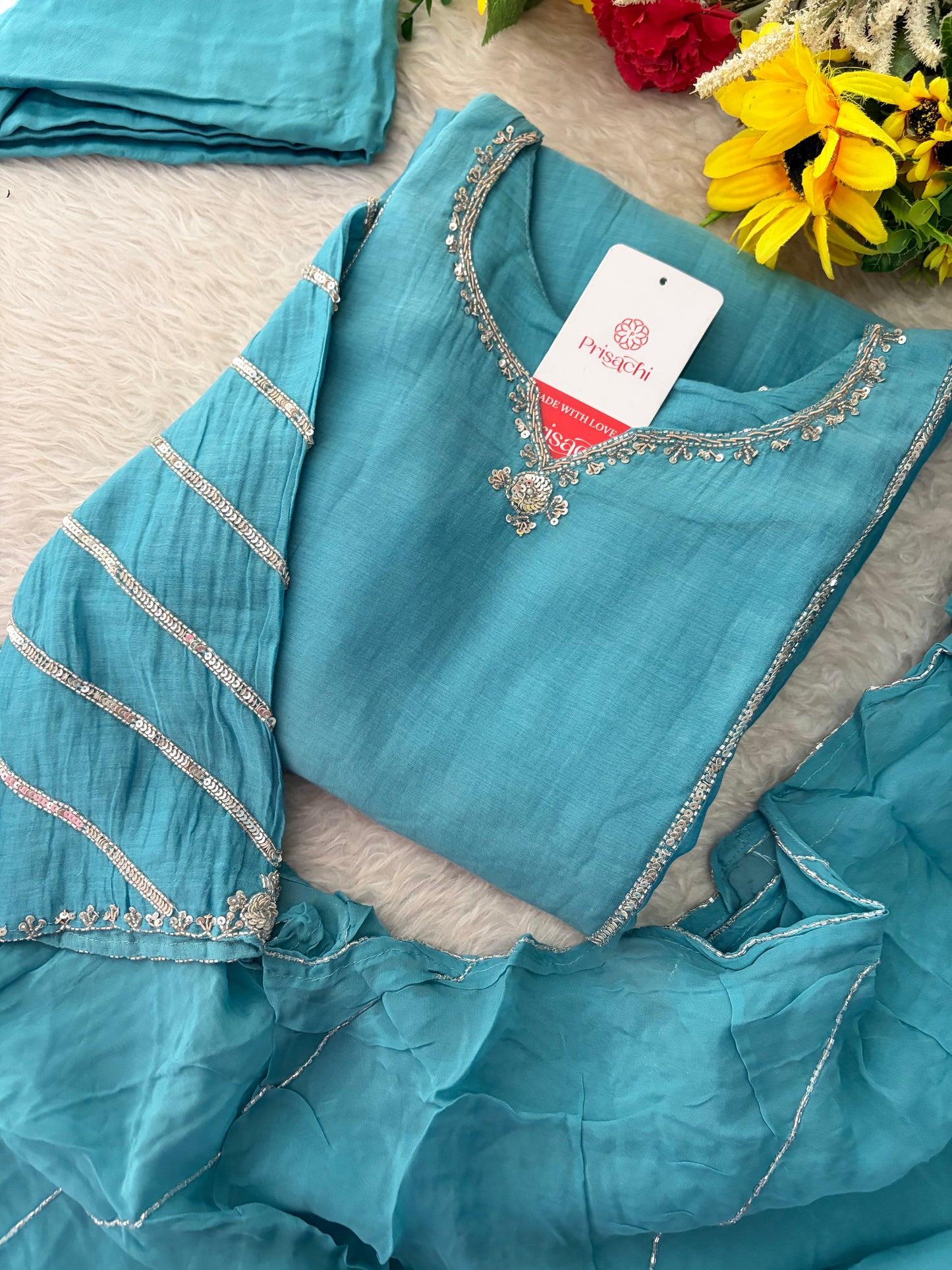 Sky Blue A-Line Embroidered Ethnic Kurta Set for Women with Pants & Dupatta