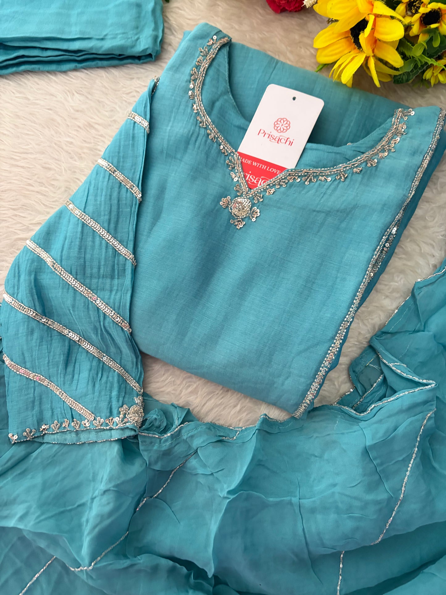 Sky Blue A-Line Embroidered Ethnic Kurta Set for Women with Pants & Dupatta