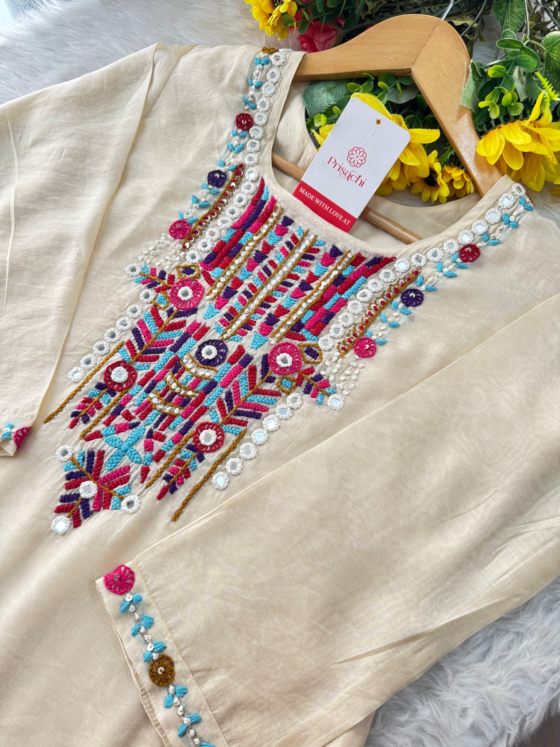Off White Designer Embroidered Ethnic Kurta set with dupatta and Pants - Prisachi Official