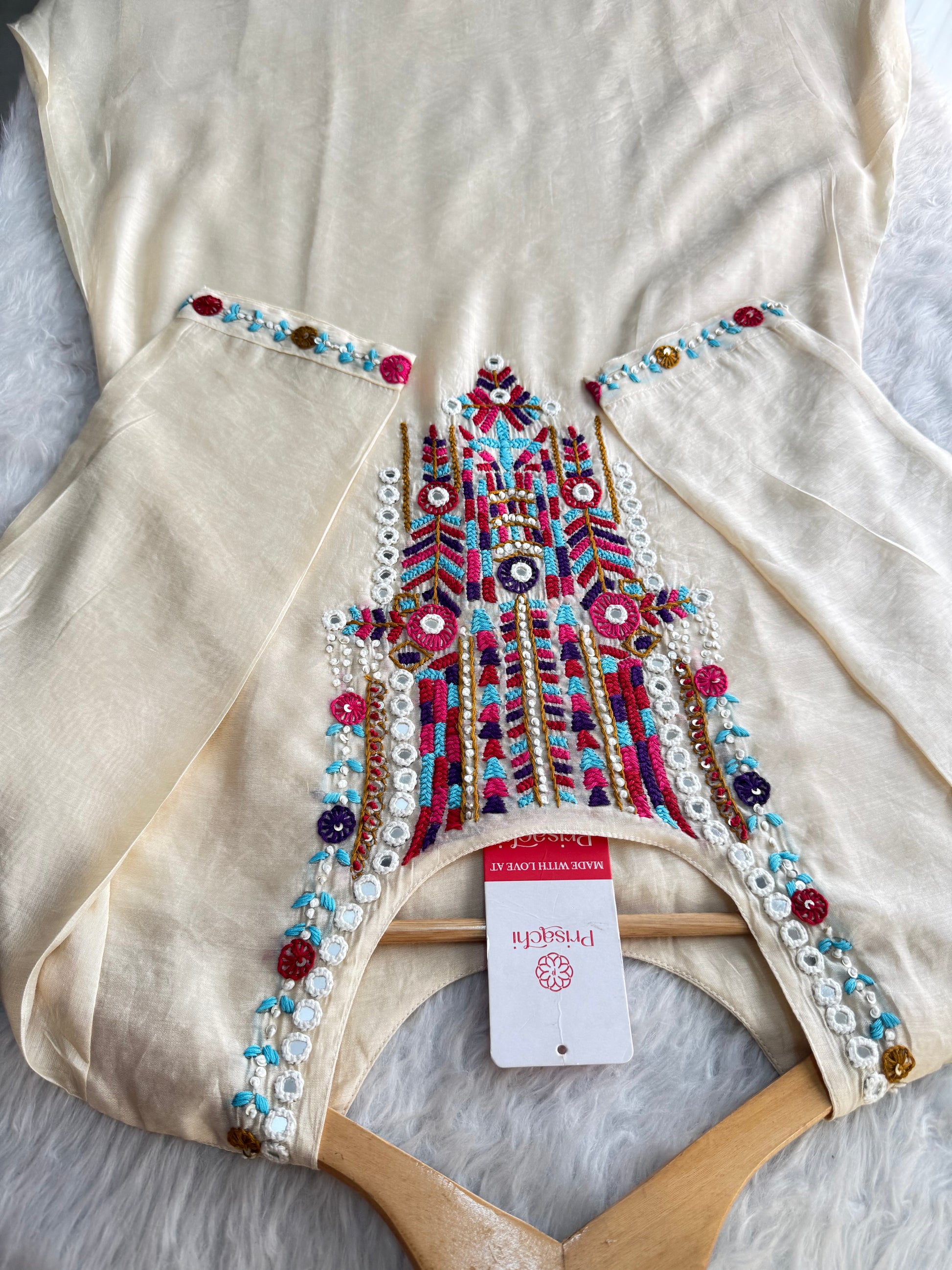 Off White Designer Embroidered Ethnic Kurta set with dupatta and Pants - Prisachi Official