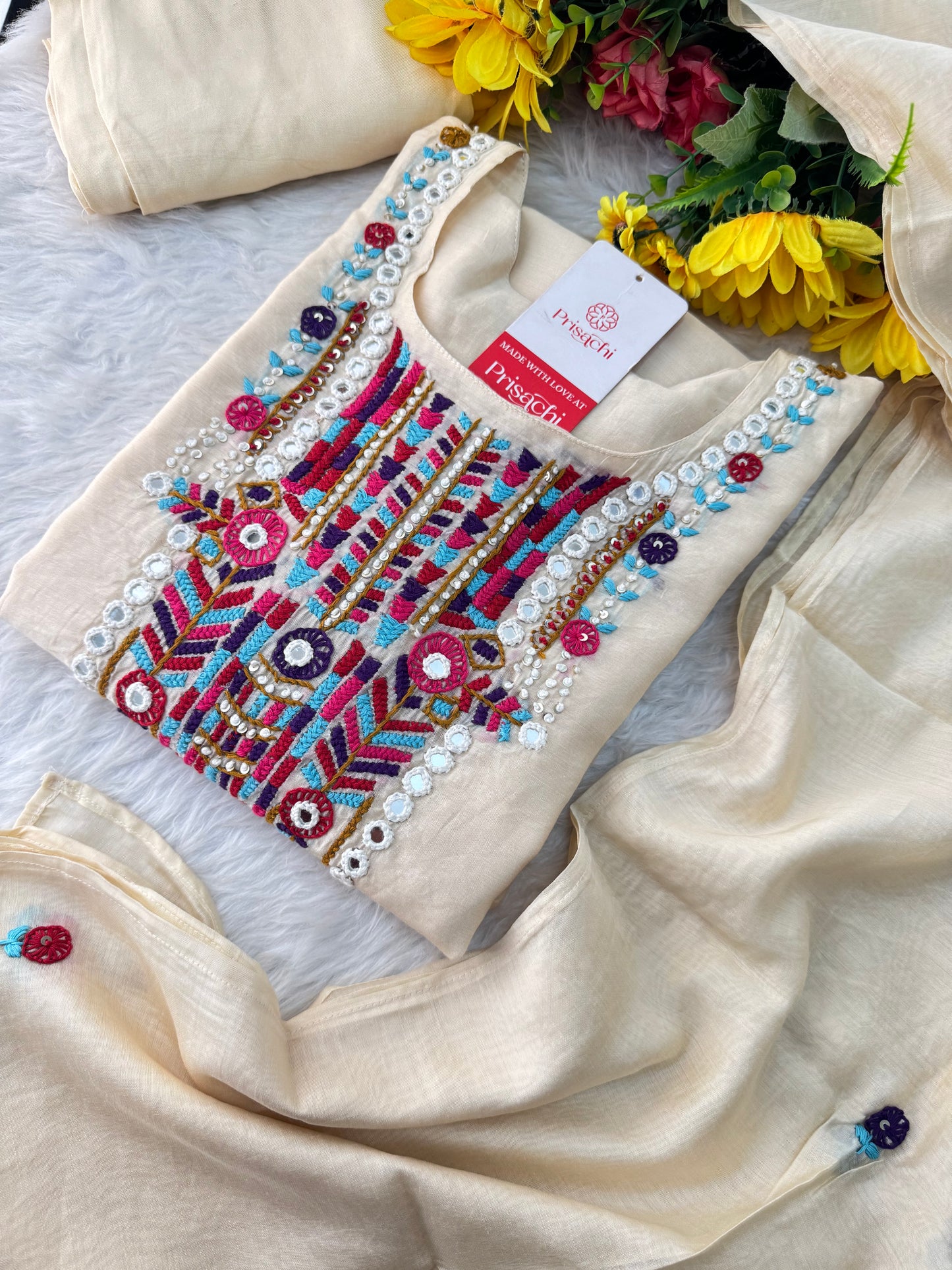 Off White Designer Embroidered Ethnic Kurta set with dupatta and Pants - Prisachi Official