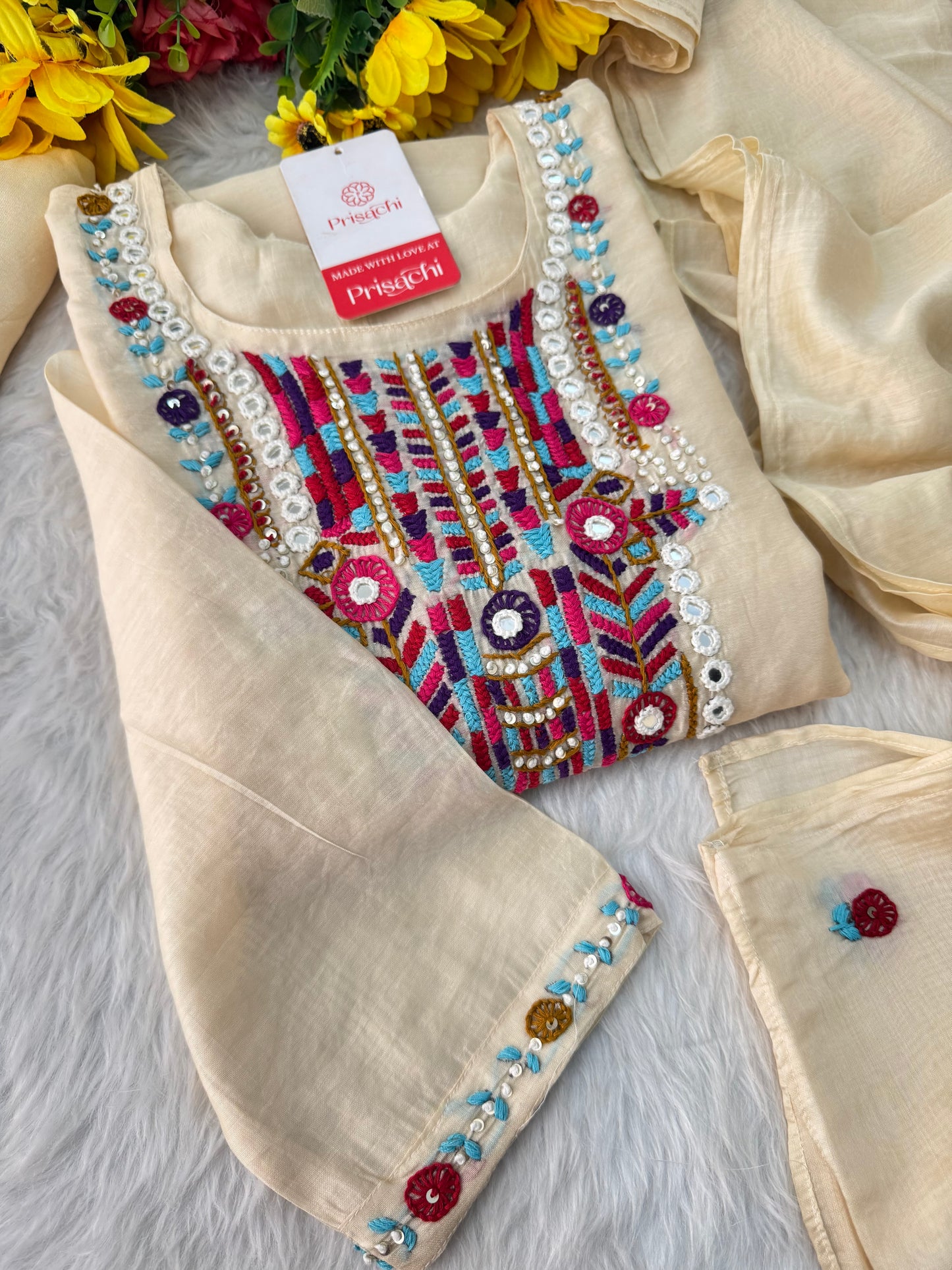 Off White Designer Embroidered Ethnic Kurta set with dupatta and Pants - Prisachi Official