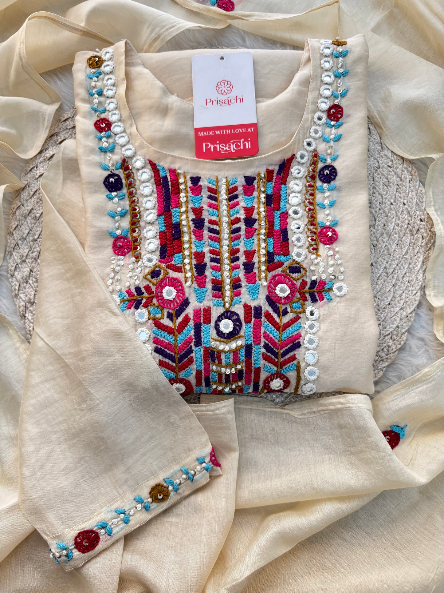 Off White Designer Embroidered Ethnic Kurta set with dupatta and Pants - Prisachi Official