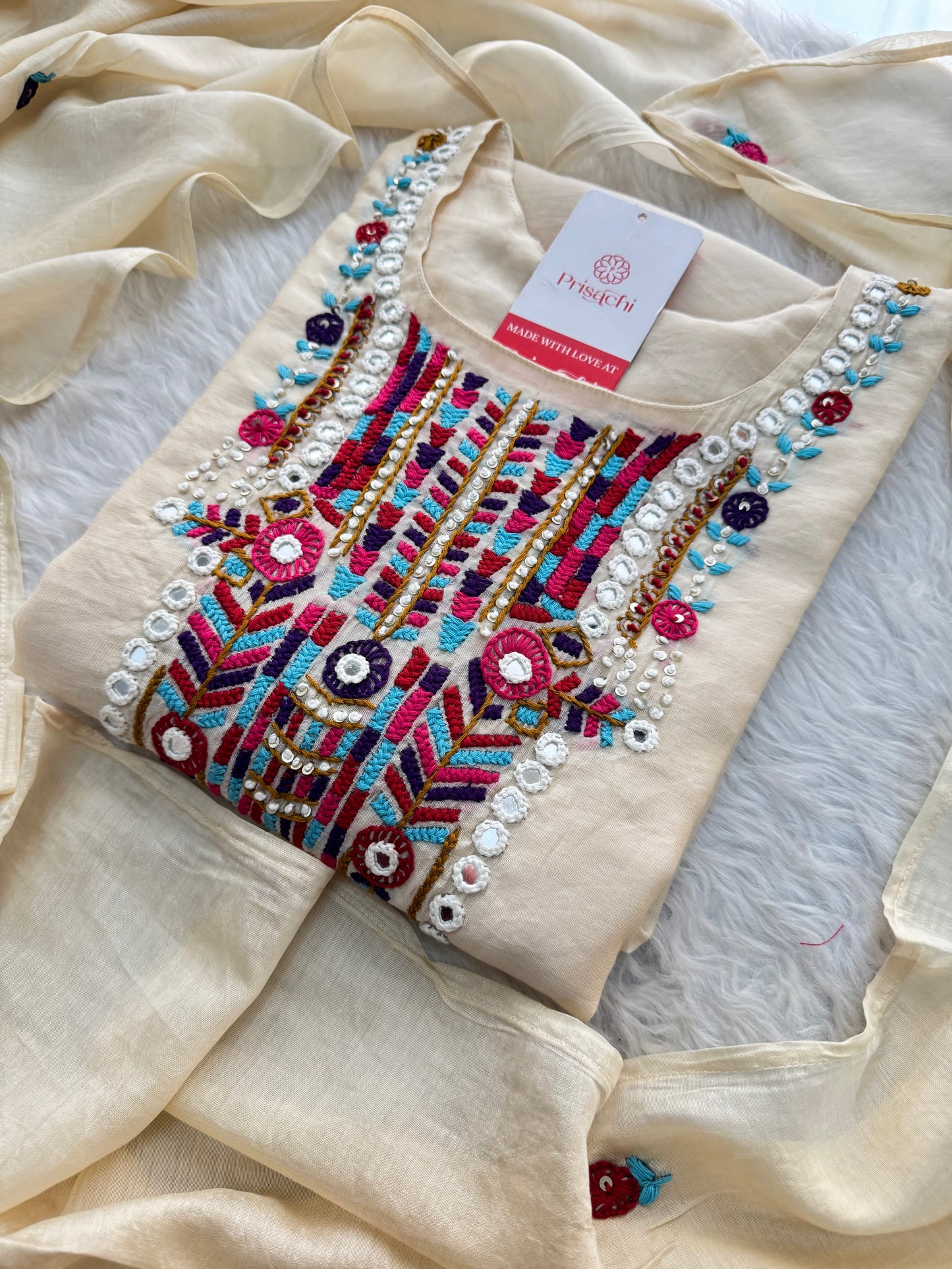 Off White Designer Embroidered Ethnic Kurta set with dupatta and Pants - Prisachi Official