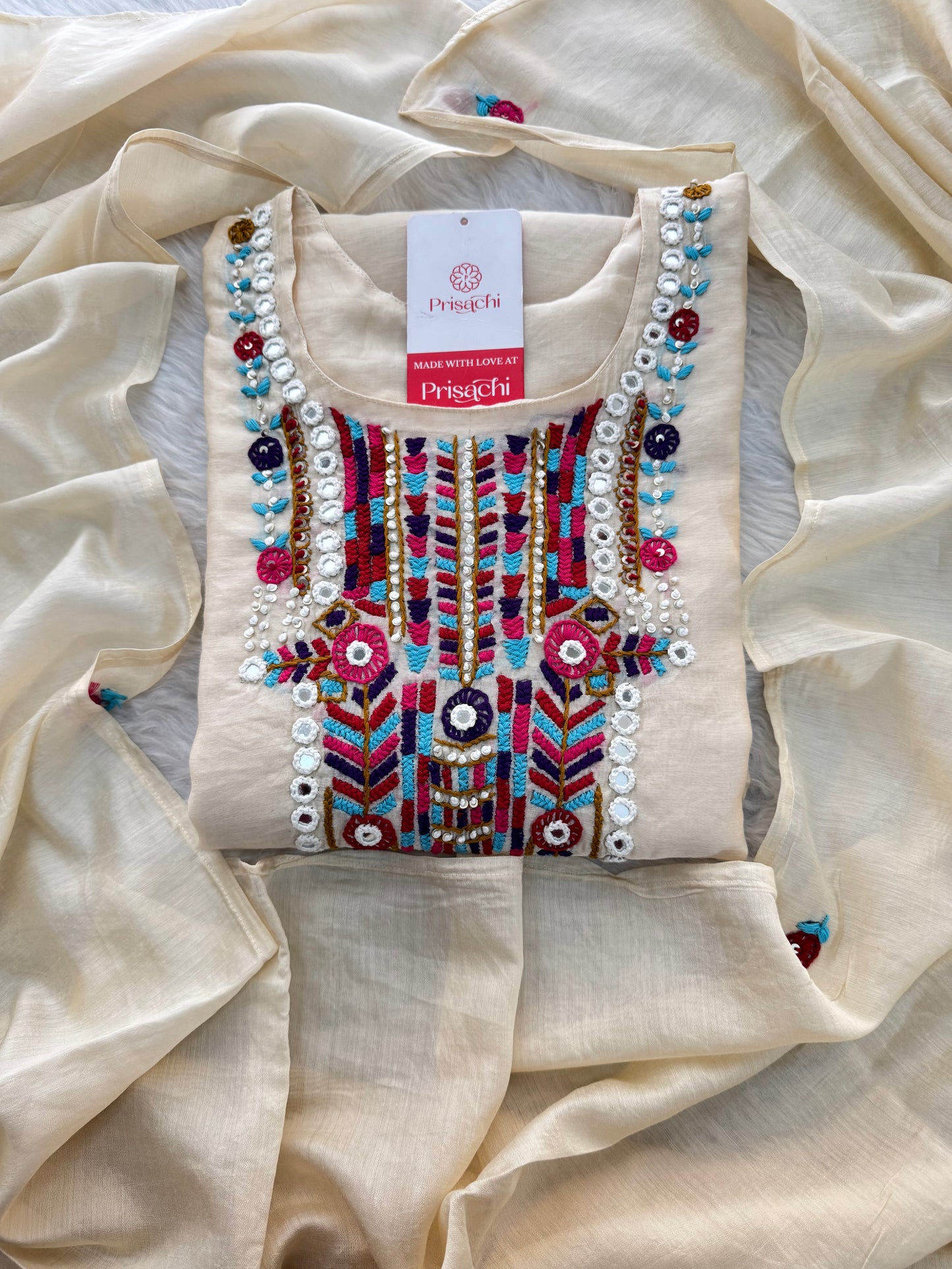 Off White Designer Embroidered Ethnic Kurta set with dupatta and Pants - Prisachi Official