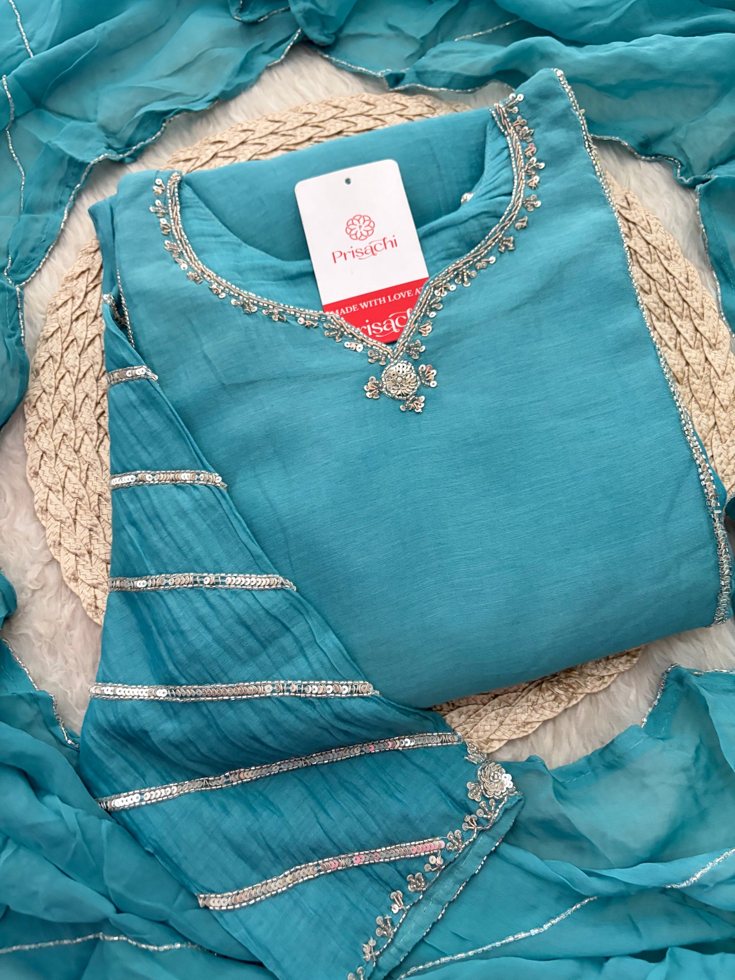 Sky Blue A-Line Embroidered Ethnic Kurta Set for Women with Pants & Dupatta