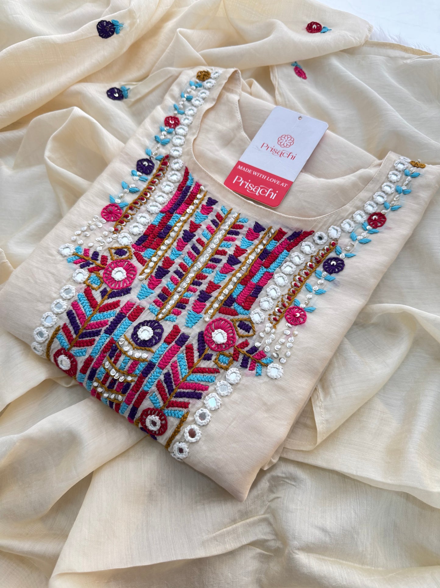 Off White Designer Embroidered Ethnic Kurta set with dupatta and Pants - Prisachi Official